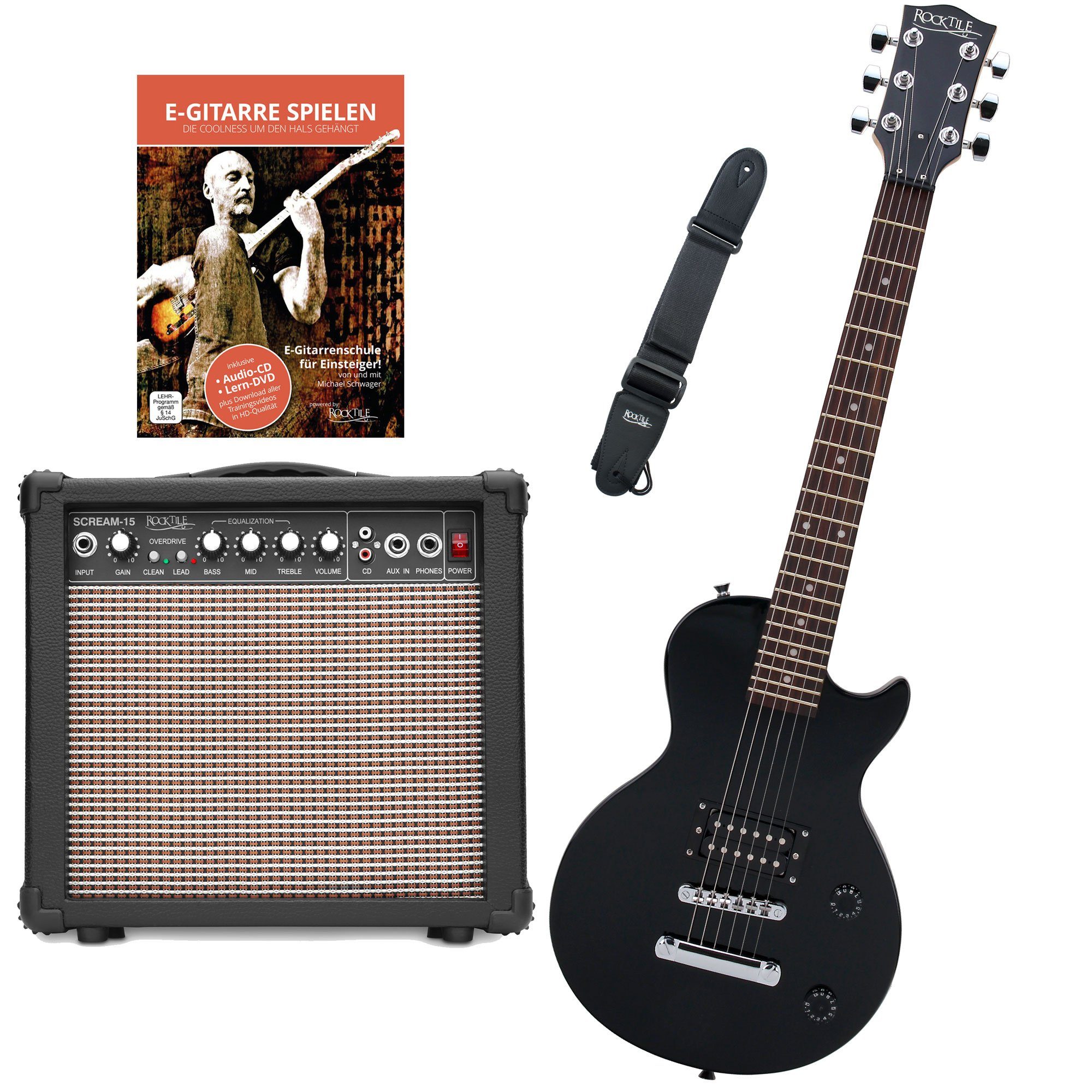 Rocktile E-Gitarre L-50B Kinder elektrische Gitarre, Single Cut, Spar-Set,  inkl. Gitarrenverstärker, Gurt und Schule, Mensur: 3/4 (57,5 cm) -  Sattelbreite: 42 mm