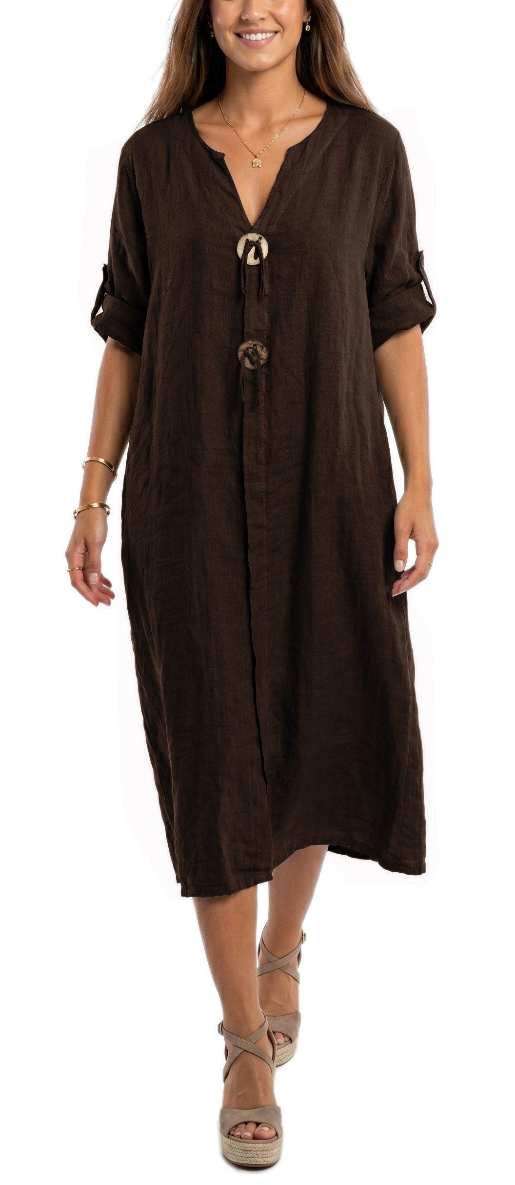 dy_mode Hemdblusenkleid Damen Leinenkleid Midi Hemdblusenkleid mit V-Ausschnitt Freizeitkleid in Unifarbe, V-Ausschnitt, mit seitlichen Eingriffstaschen