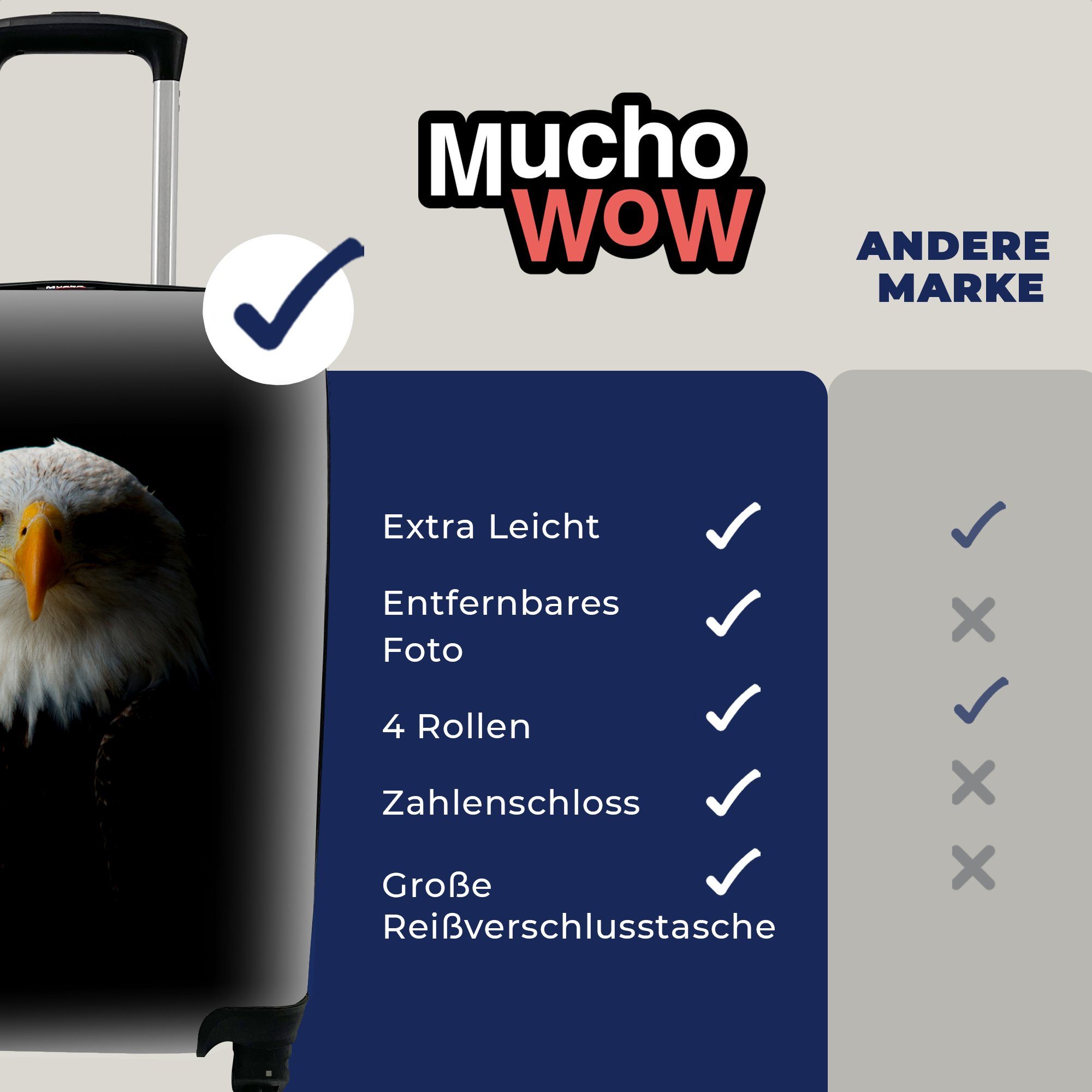 Reisetasche mit Ferien, rollen, Adler Rollen, Trolley, Vogel Handgepäck Reisekoffer MuchoWow 4 - Schwarz, Handgepäckkoffer - für