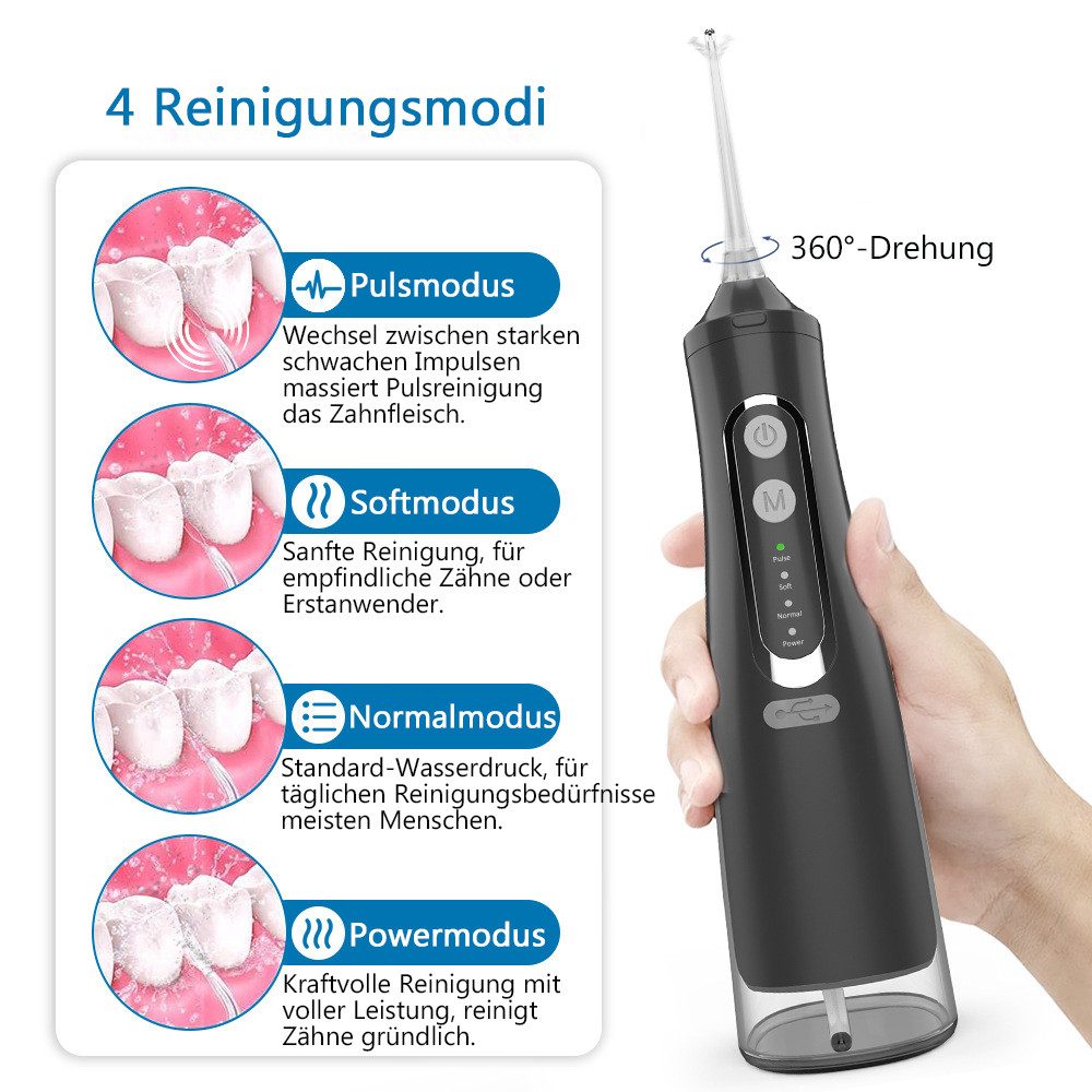 TUWENA Munddusche Leistungsstarke Munddusche Elektrischer Zahnreiniger 4 Modi & 4 Düsen, Wasser Flosser IPX7 Wasserdicht 310ML Abnehmbarer Wassertank – Bild 4 von 5
