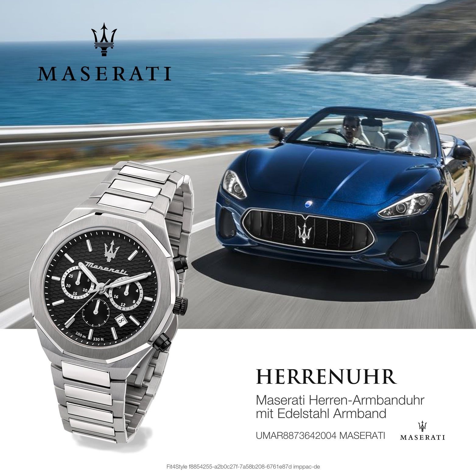 groß Armband-Uhr, rundes 45mm) MASERATI (ca. Edelstahl Herrenuhr schwarz Gehäuse, Edelstahlarmband, Chronograph Maserati