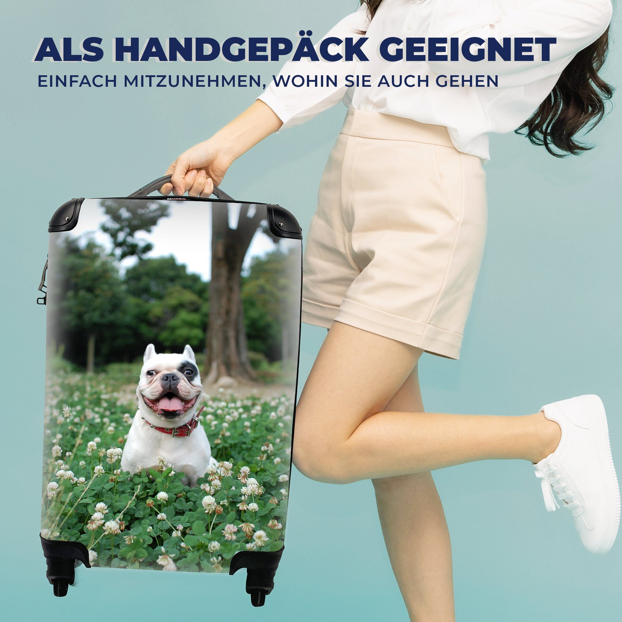 für 4 MuchoWow Reisetasche Ferien, - Handgepäckkoffer Reisekoffer Rollen, Handgepäck Trolley, rollen, mit Klee Hund, - Tier