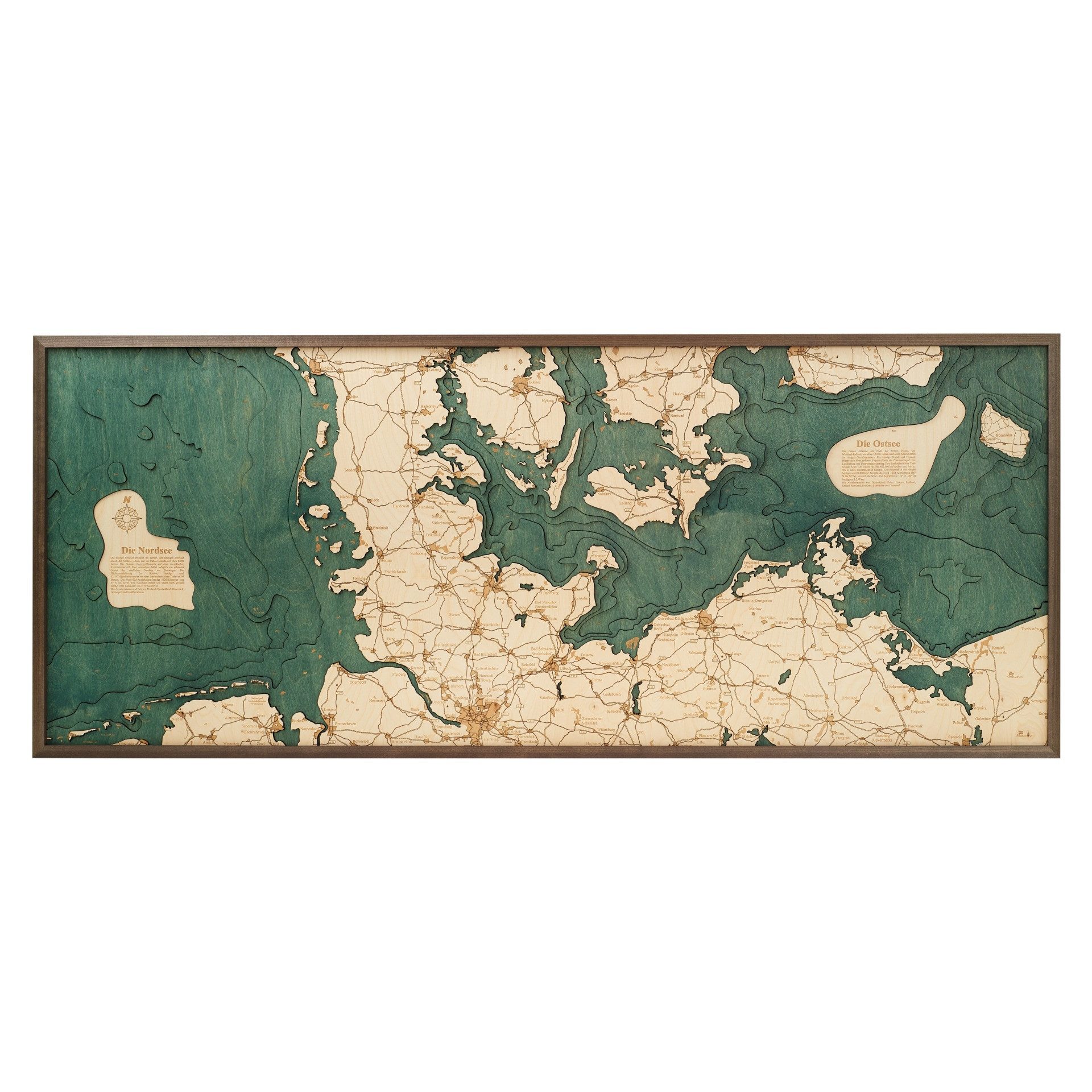 Cutting Brothers Holzbild Nordsee & Ostsee 152x61 cm, 3D Holz-Wandkarte, handgefertigt aus Echtholz