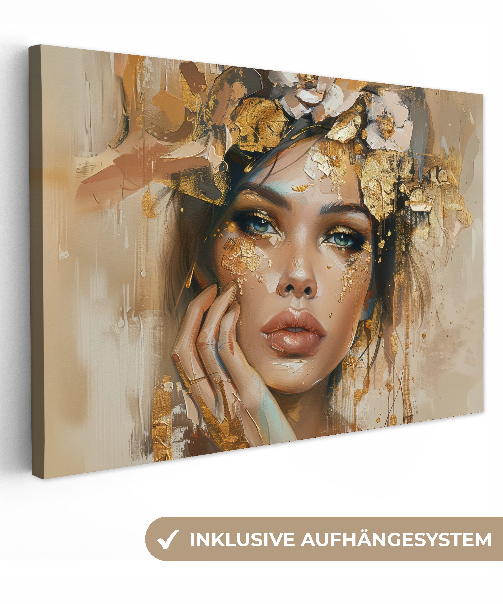 OneMillionCanvasses® Leinwandbild Frau - Blumen - Gold - Porträt, Fotodruck günstig online kaufen