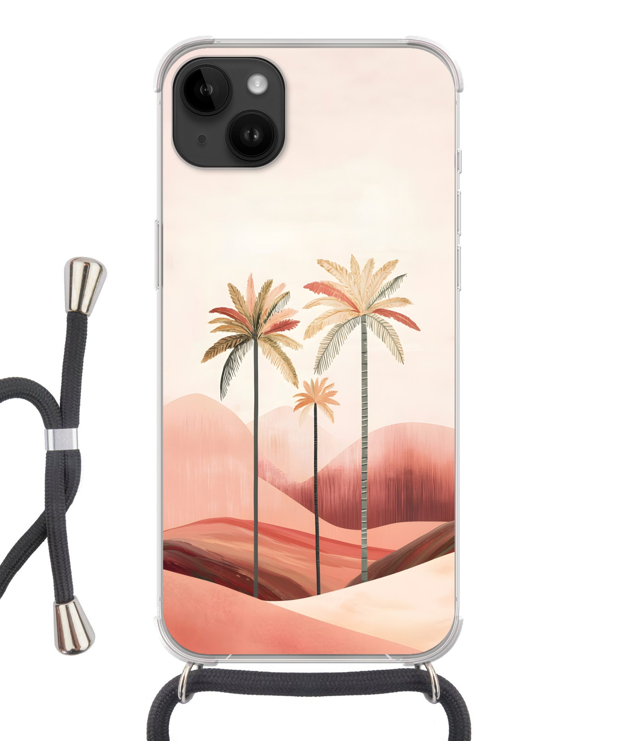 MuchoWow Handyhülle für Apple iPhone 14 Max Palmen - Hügel - Minimalistisch - Zartrosa, Tragbare Handyhüllen mit Kette zum umhängen, Handykette Handyband
