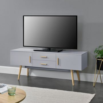 en.casa TV-Board, Alavus TV Lowboard 140x40x56cm, 2 Türen, 2 Schubladen, hellgrau, 2 Türen, 2 Schubladen, hellgrau