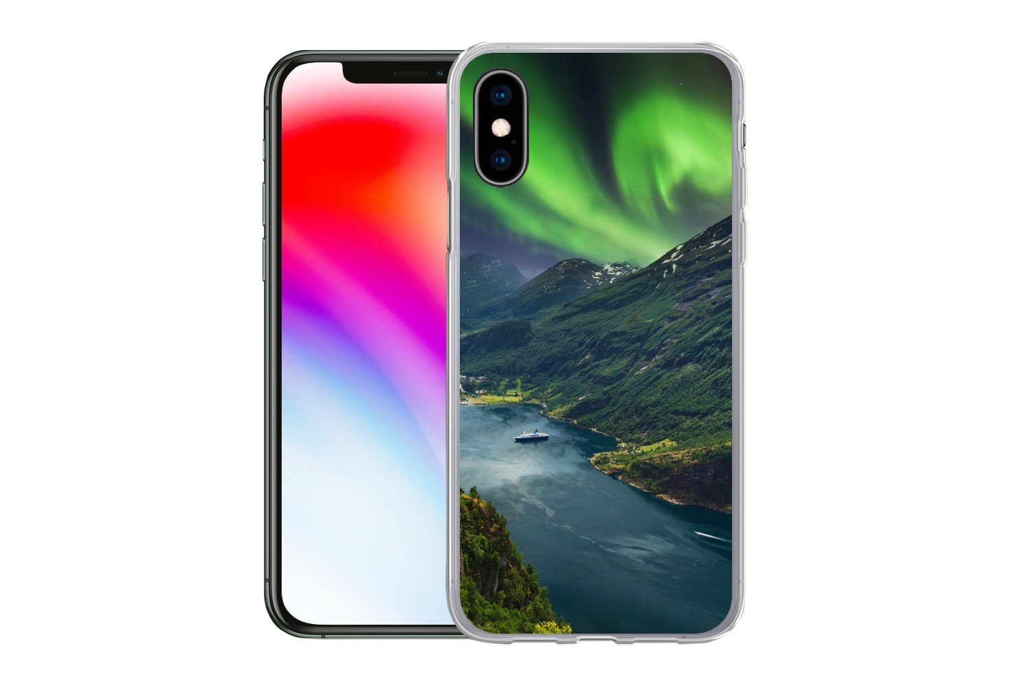 MuchoWow Handyhülle für Apple iPhone X Nordlichter - Berg - Boot - Norwegen, Smartphone-Bumper, Print, Handy Schutzhülle Dünn