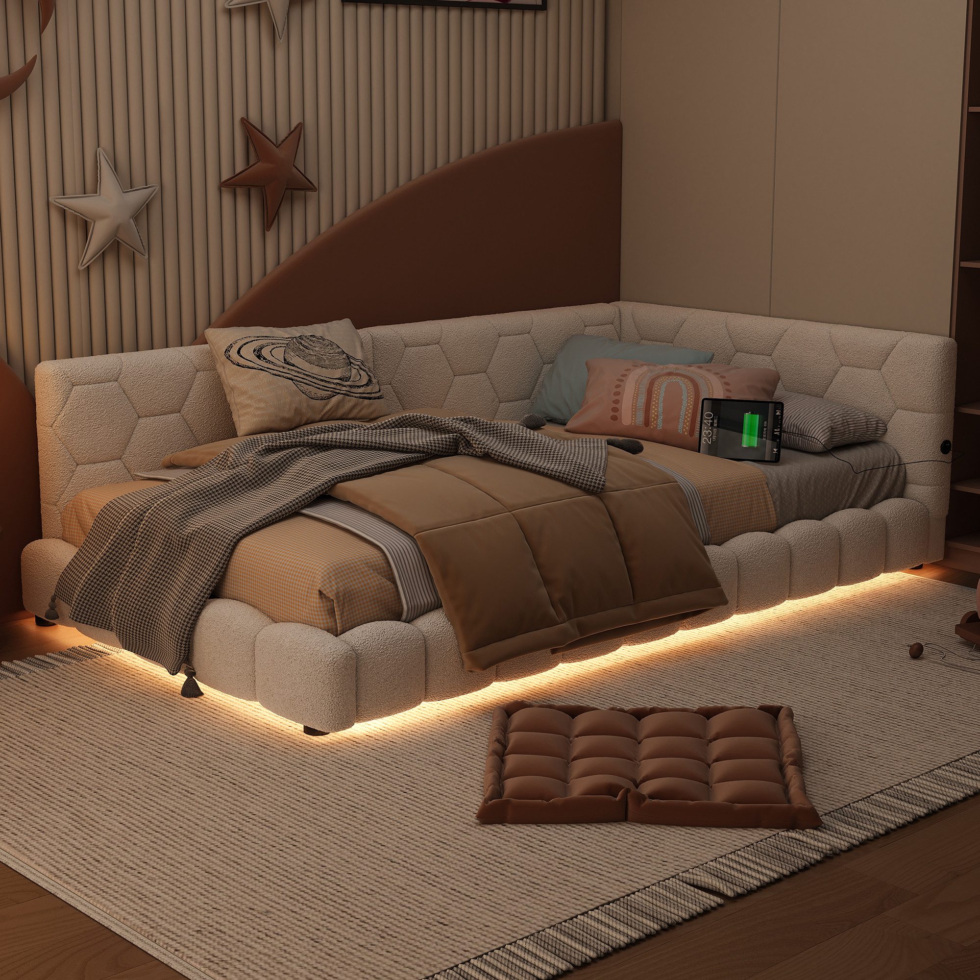 Flieks Polsterbett, LED Einzelbett Daybett Tagesbett Samt 90x200cm mit USB-Anschluss