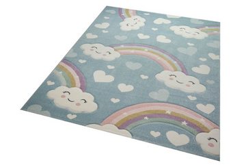 Kinderteppich Kinderteppich Kinderzimmerteppich Regenbogen mit Wolken und Herzen in blau, Teppich-Traum, rechteckig, Höhe: 13 mm