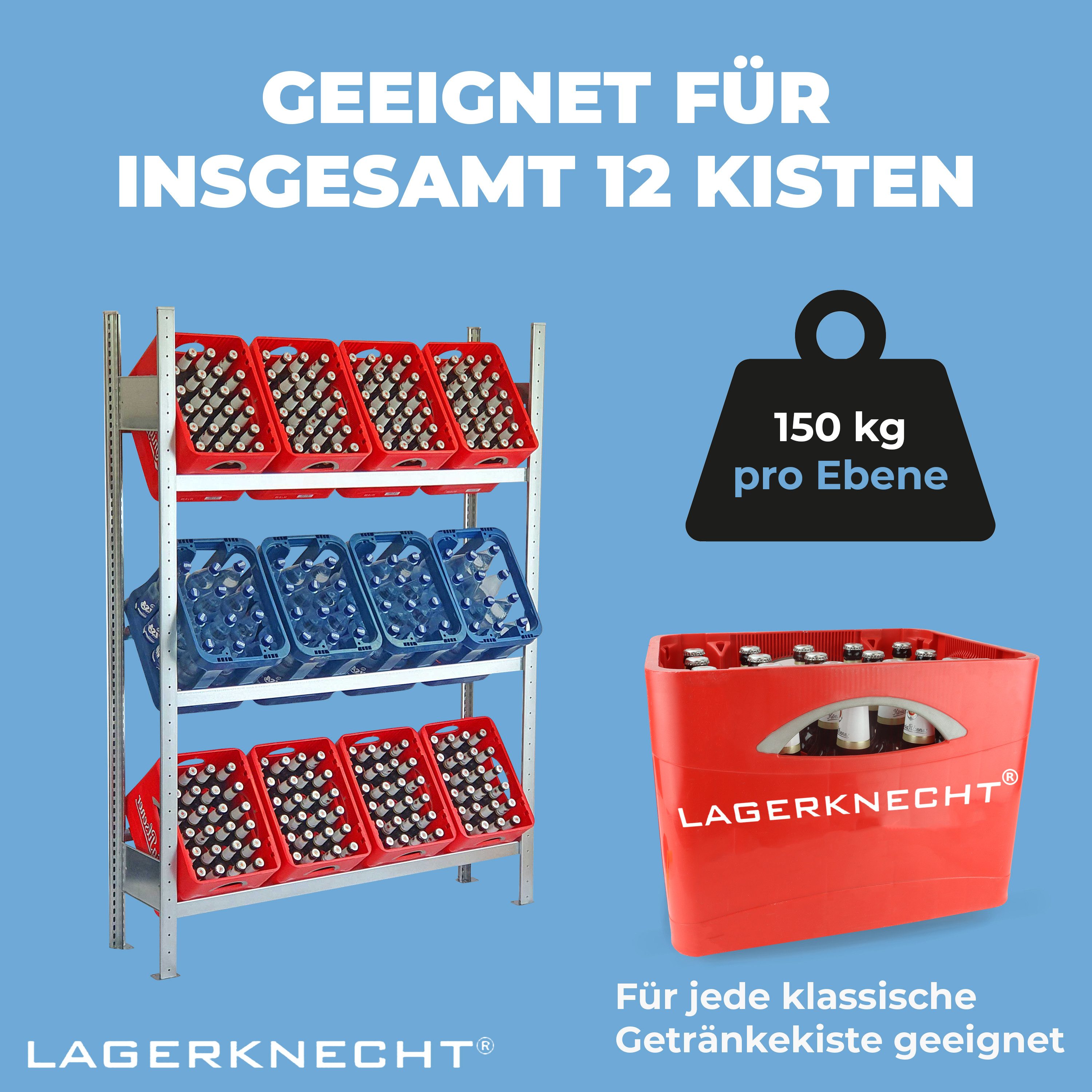 Lagerknecht Standregal Getränkekistenregal made in Germany 4 Ebenen für 16 Kisten
