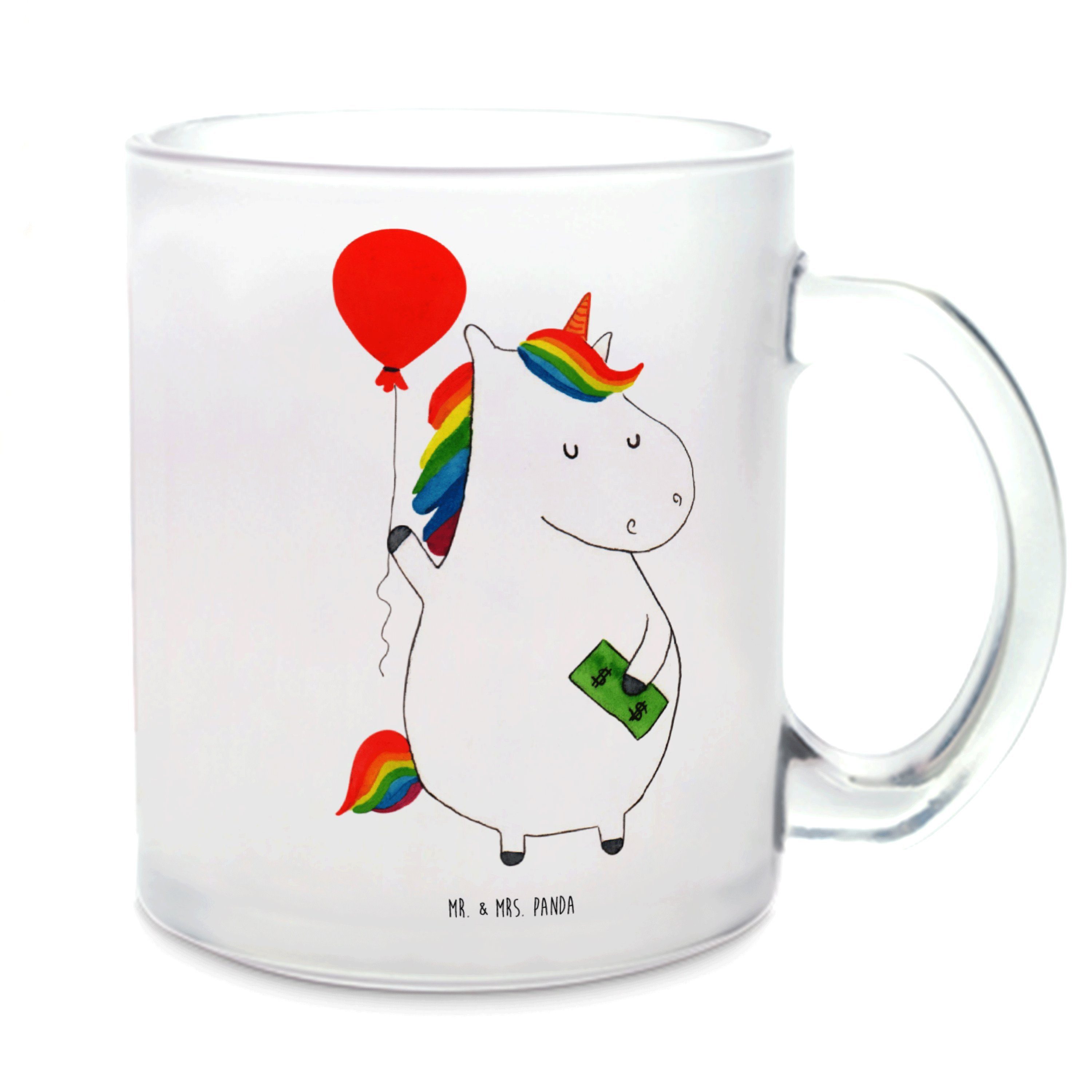 Mr. & Mrs. Panda Teeglas Einhorn Luftballon, Trinkglas, Transparent, Pott, Luftballon, Teetass, Premium Glas, Unicorn Motivtasse Einhörner