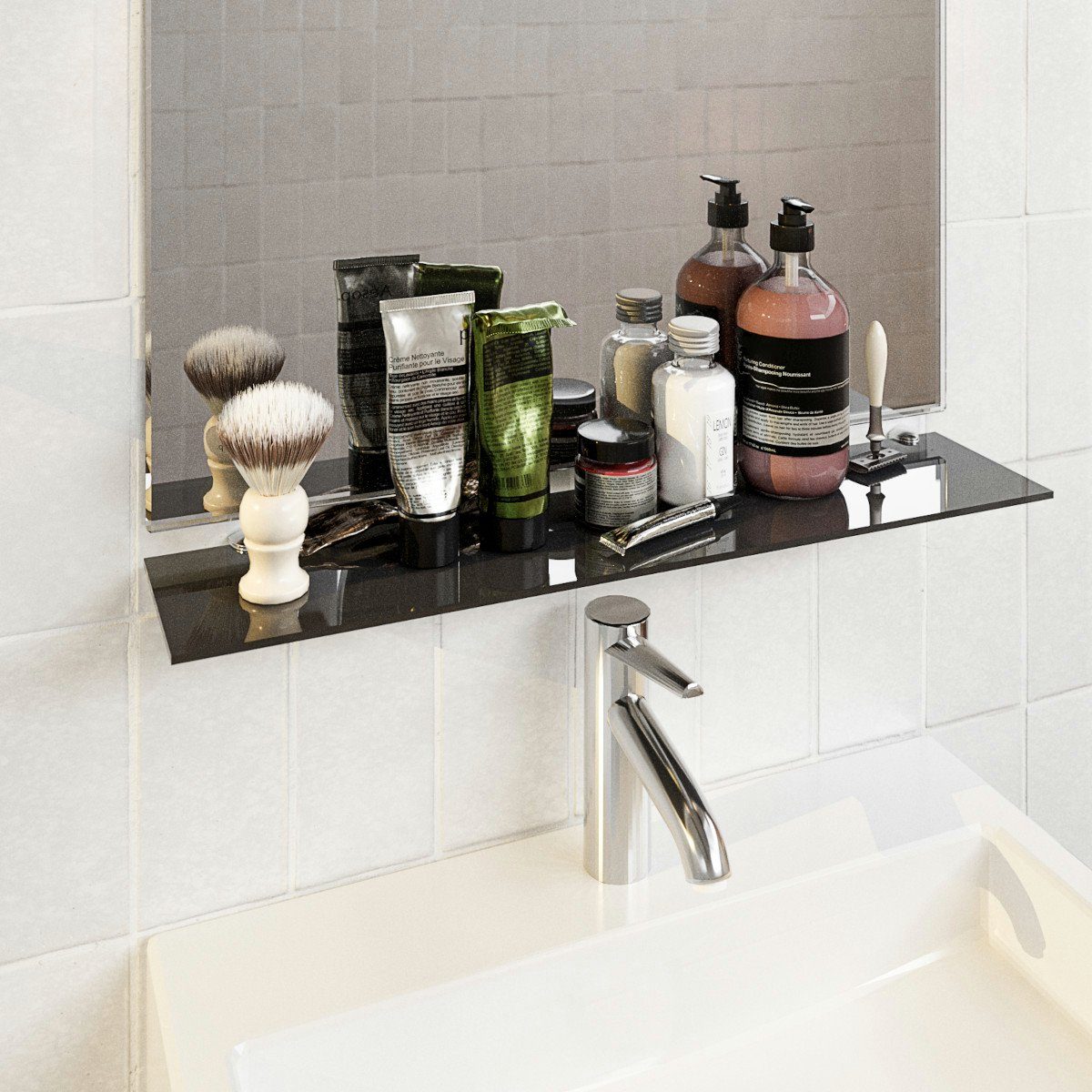 HOOZ Wandregal Glasregal, Wandablage ESG, rechteckig, mit Halterung Schwarz 30-100 cm, Regal Glas, Platzsparende Wandboard für Dusche, Bad, Küche oder Wohnraum