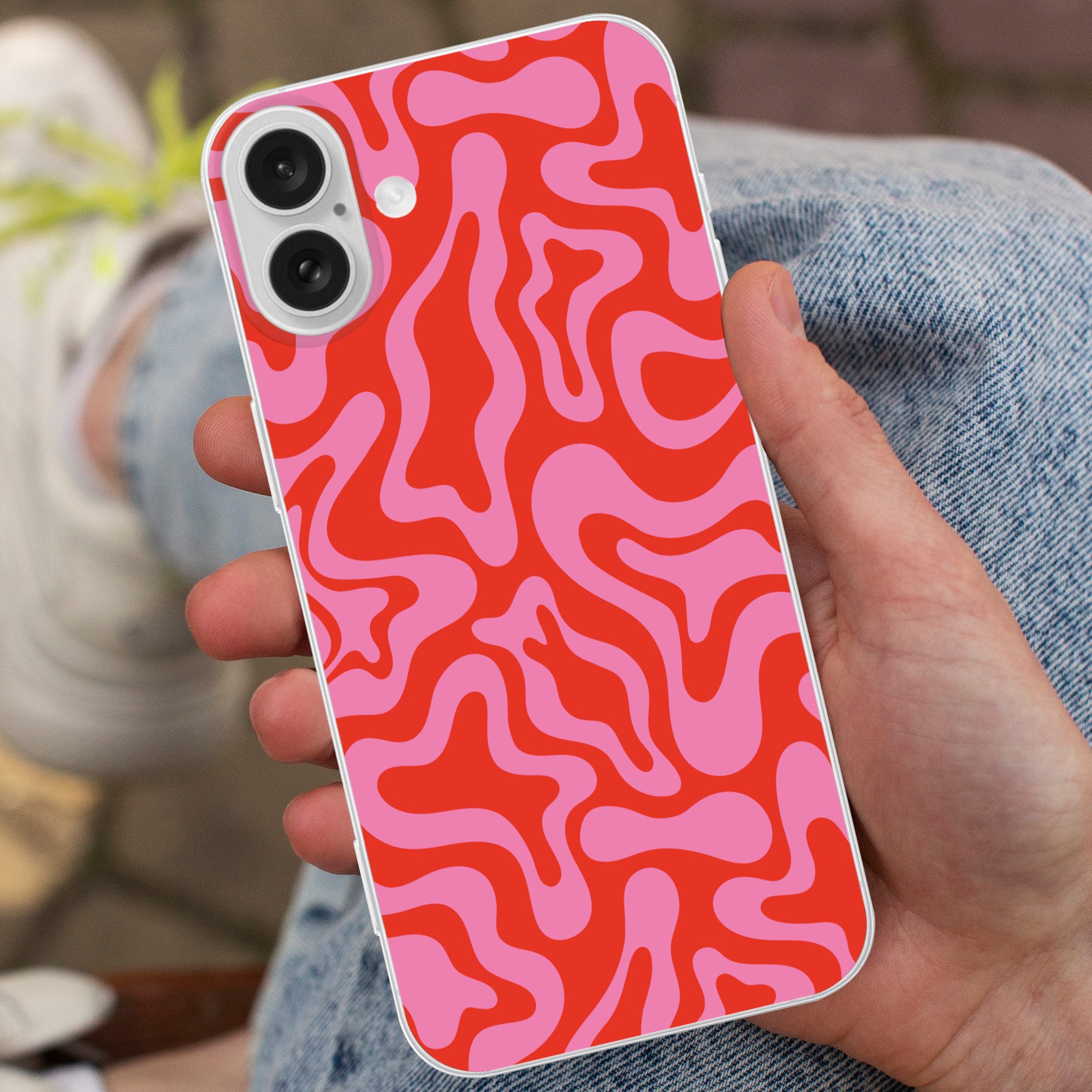 MuchoWow Handyhülle für Apple iPhone 16 Plus Abstrakt - Muster - Rot - Rosa - Minimalistis, Smartphone-Bumper, Print, Handy Schutzhülle Dünn