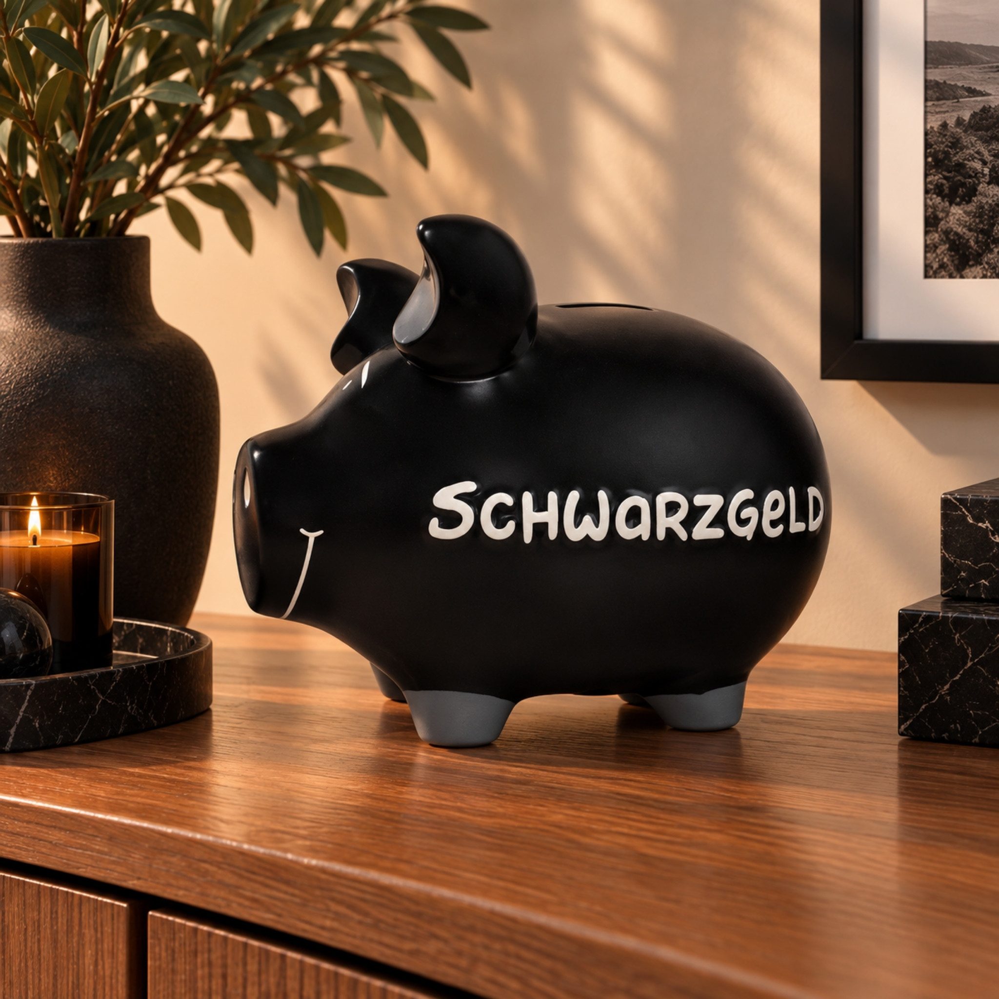 matches21 HOME & HOBBY Bilderrahmen Lustige Spardose Sparschwein SCHWARZGELD schwarz 12,5 cm, Keramik Sparbüchse - Gummistopfen zum Öffnen