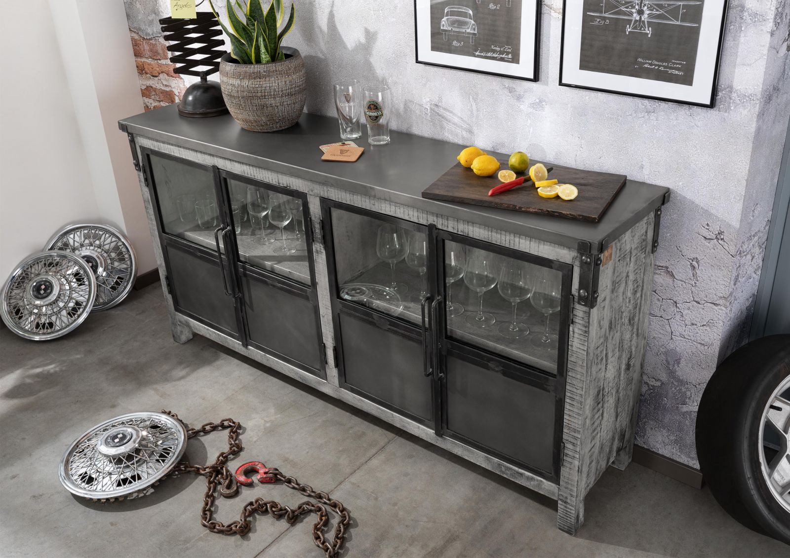 Massivmoebel24 Sideboard HEAVY INDUSTRY (Massivholz), Sideboard Mango 180x40x90 grau lackiert HEAVY INDUSTRY #150