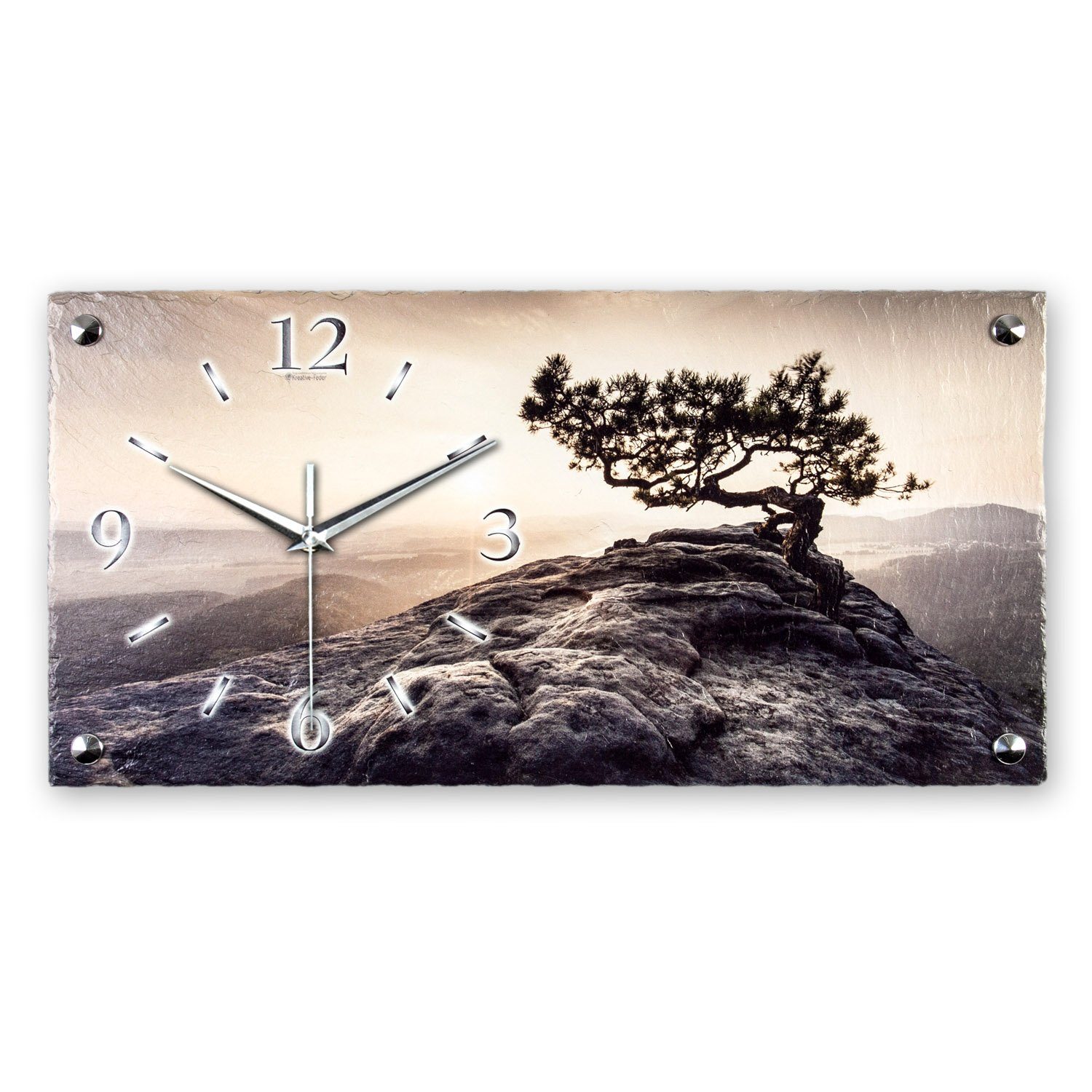 Kreative Feder Wanduhr Designer-Wanduhr Einsamer Baum aus Stein (Beton) (ohne  Ticken; Funk- oder Quarzuhrwerk; elegant, außergewöhnlich, modern)