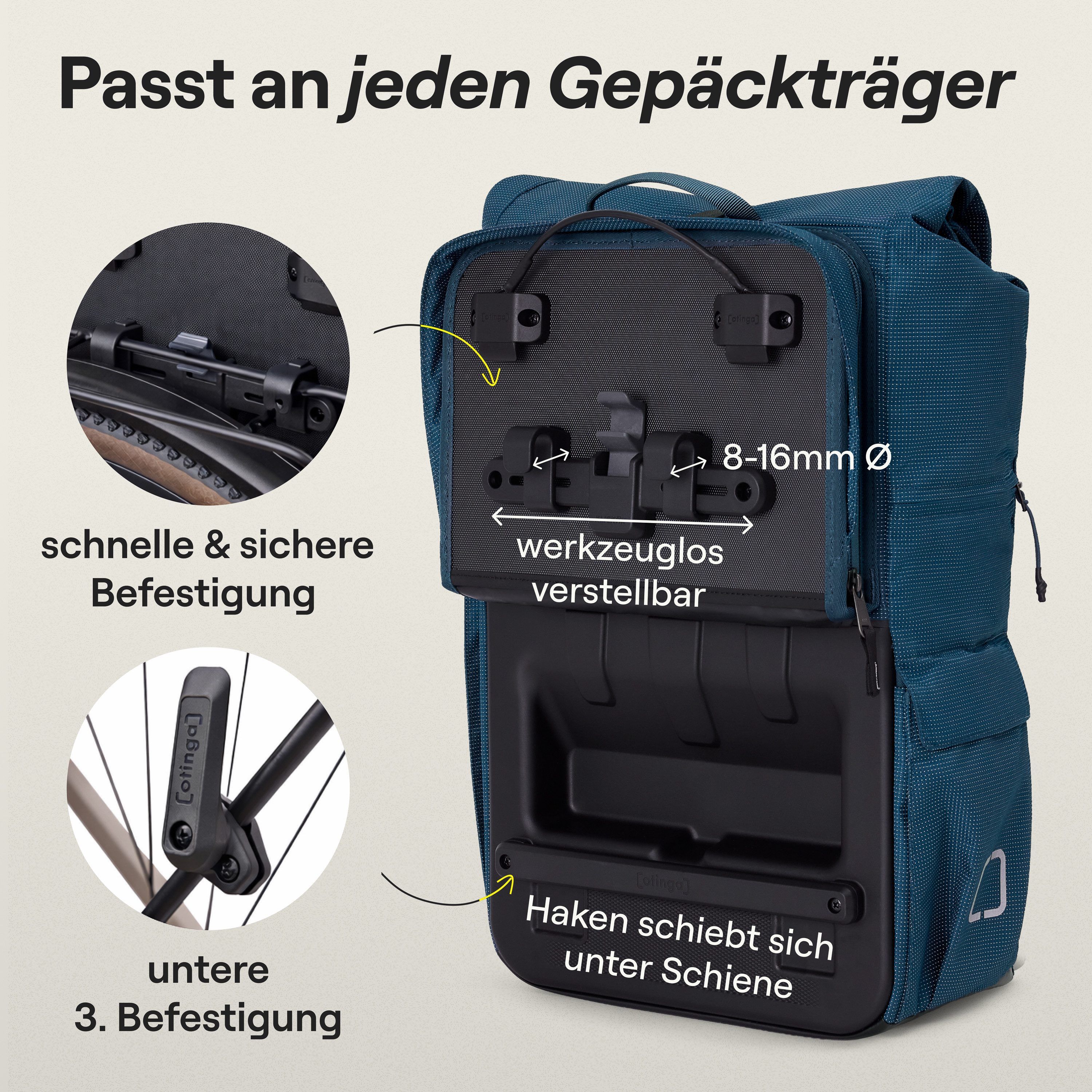 otinga Fahrradtasche Flip V3 Fahrradtasche Rucksack Wasserdicht Gepäckträgerhalterung, 34L Gepäckträgertasche mit Rucksack, Radtasche, in 3 Sekunden umgebaut