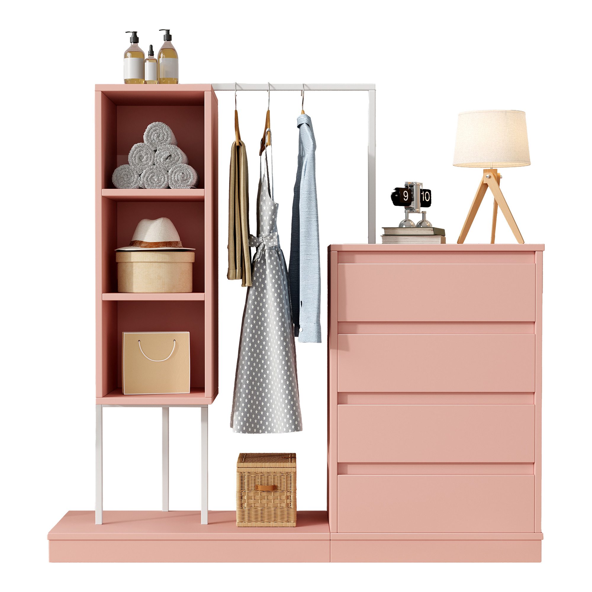 Refined Living Garderoben-Set Schubladenschrank, Kleiderschrank-Set Sideboard mit Kleiderstange, (Maße: B140/W40/H135, mit 4 Schublade, Kleiderbereich und 3 offener Fächer,Multifunktional Möbelstück, 1-St., weißer Kleiderschrank mit mehrere Stauraumzonen, Flurschrank), Reichlich Stauraum, Stabile Konstruktion, für Wohnzimmer,Schlafzimmer