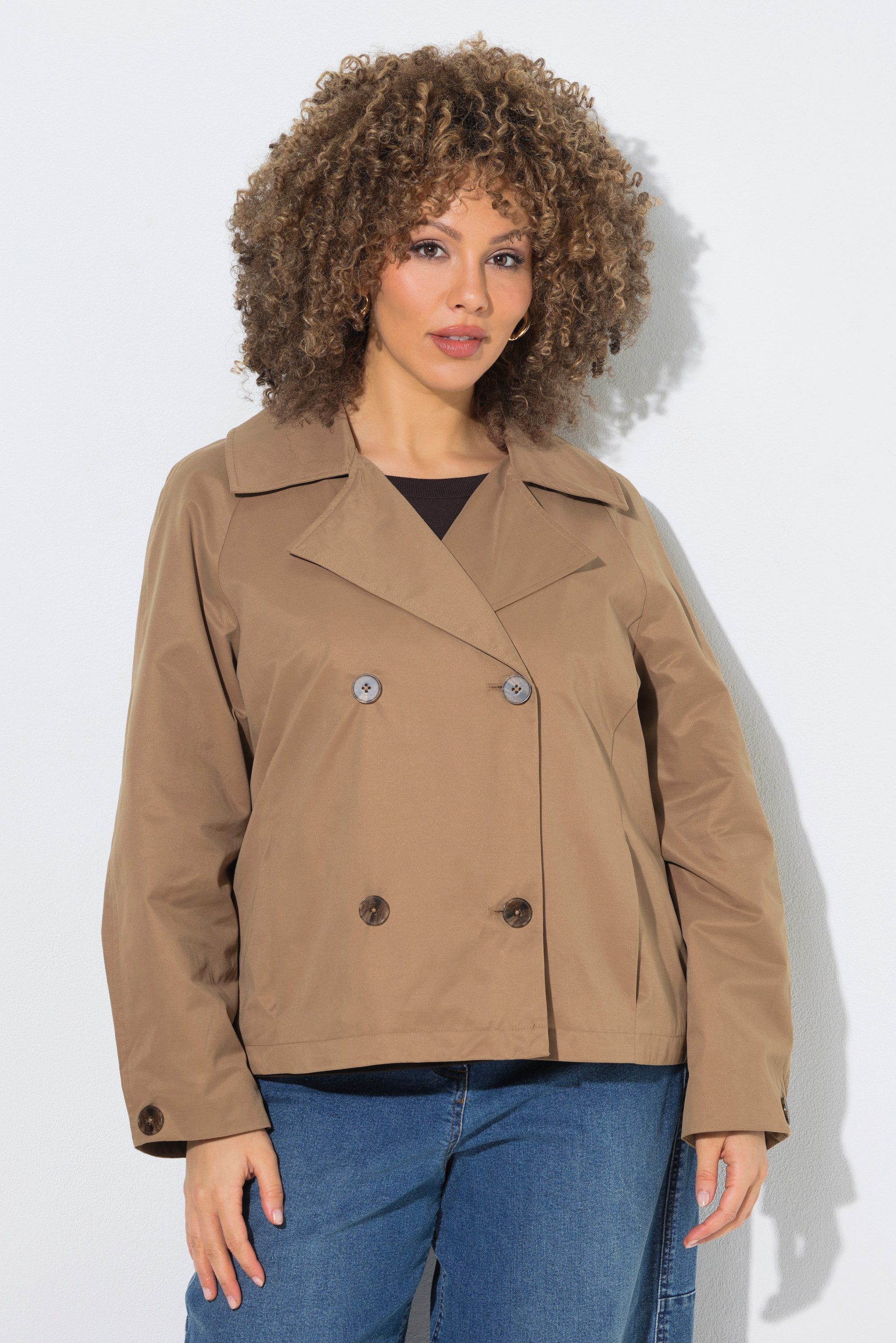 Ulla Popken Outdoorjacke Kurztrench Reverskragen doppelreihig Langarm