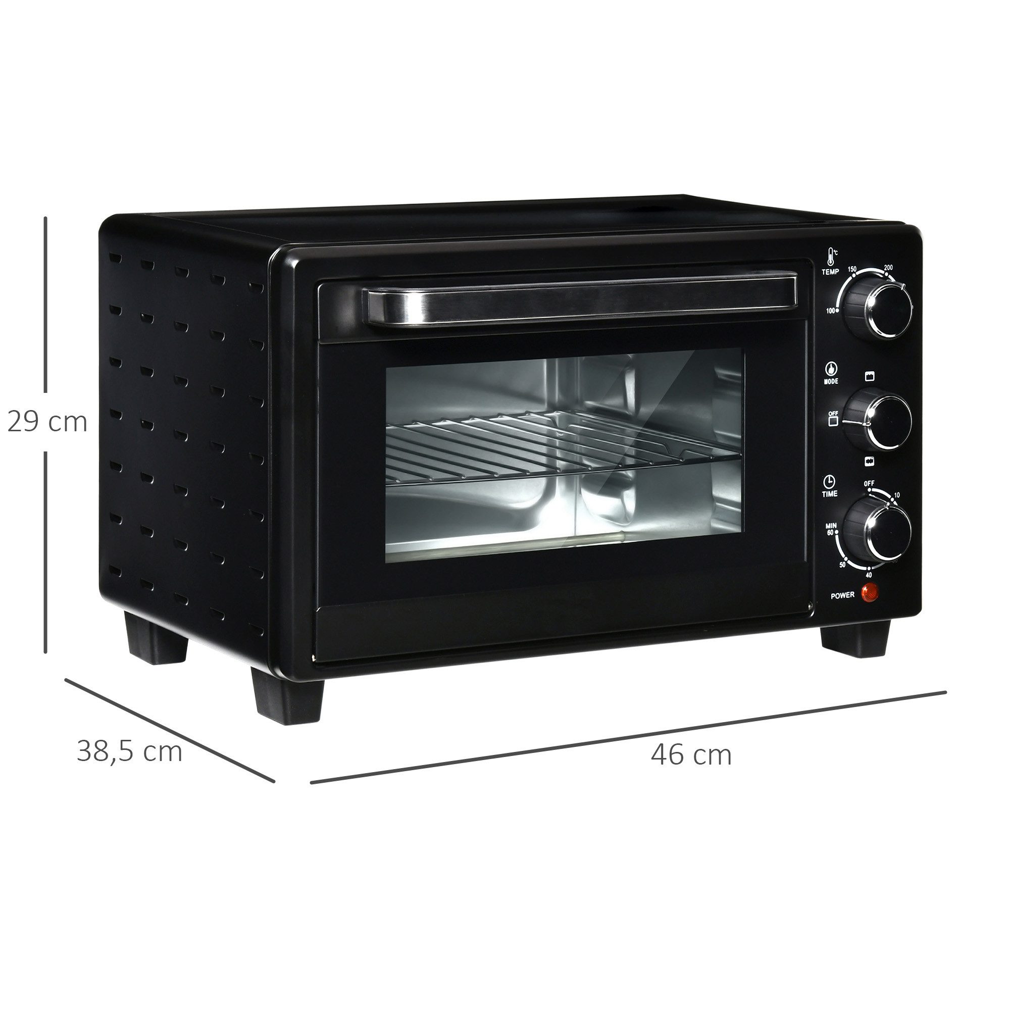HOMCOM Minibackofen Backofen 10 L 750W 100-230℃ mit Backblech Pizza-Ofen, zum Grillen, Backen, Toasten, Schwarz
