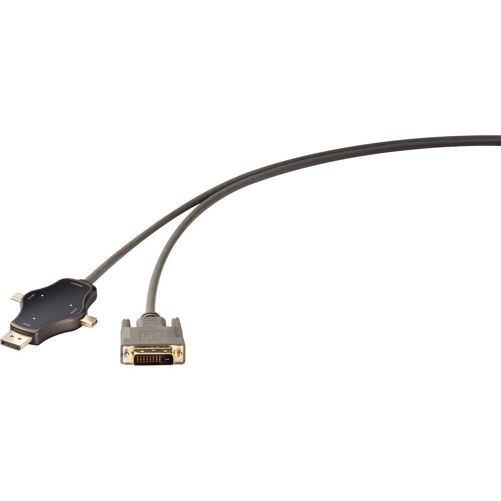 Renkforce »3-in-1 DP/Mini DP/USB C auf DVI-Kabel« TV-Adapter, AWG: 30+32 ·  Abschirmung: Geflechtsschirmung · Anschluss-Typ: Cable-Sharing ·  Anschlusstyp A (bzw. Eingänge): DVI-Stecker 24+1pol. · Anschlusstyp B (bzw.  Ausgänge): Mini-DisplayPort Stecker ...