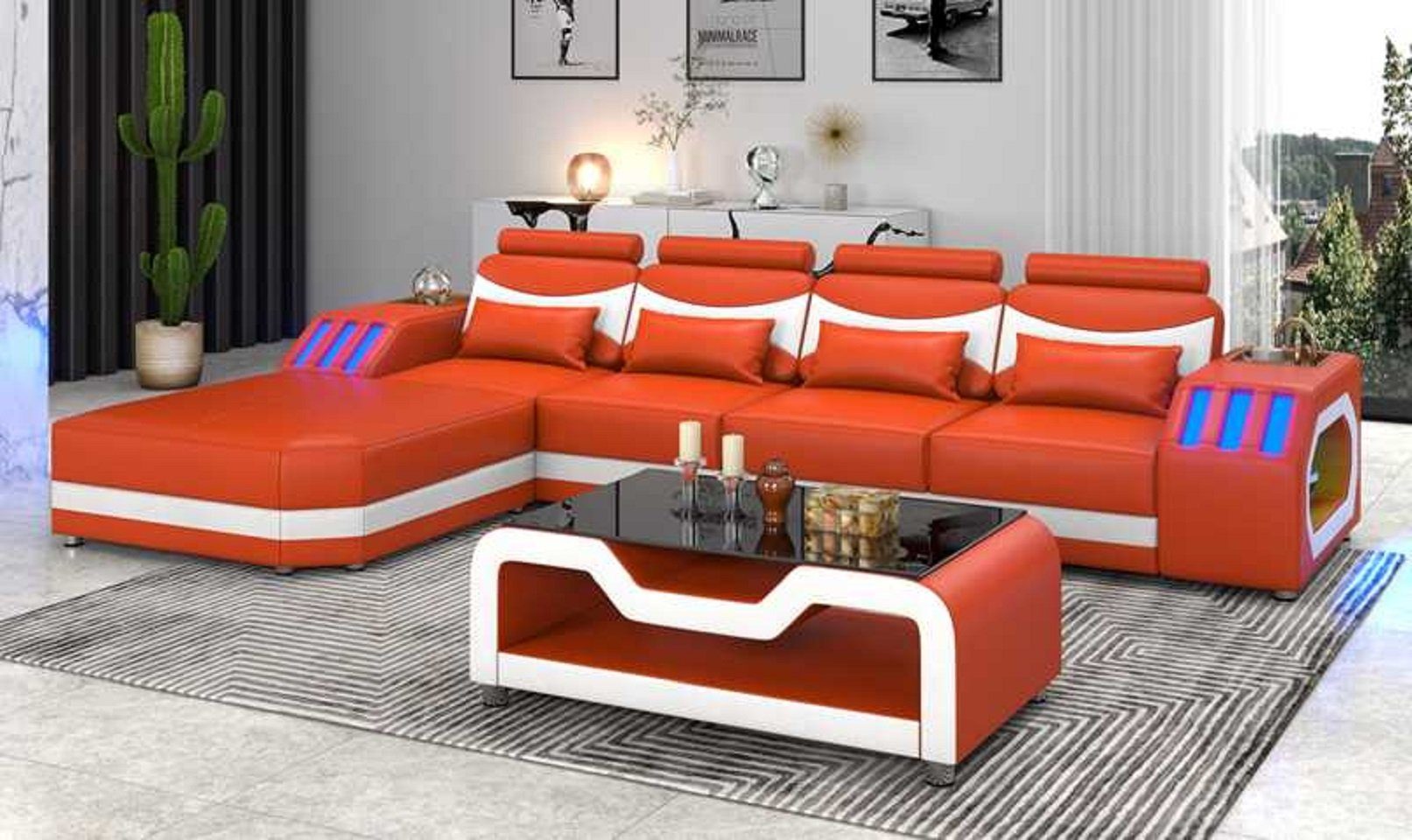 Ecksofa Teile, Luxus JVmoebel Form 3 Sofas Modern Ecksofa Orange Couch Made Europe Eckgarnitur LED, Ledersofa L in