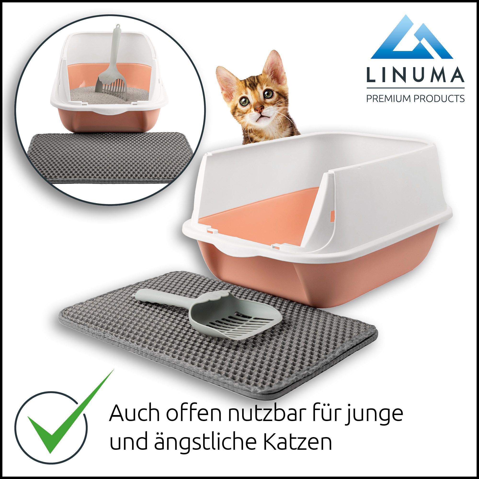 LINUMA Katzentoilette Katzenklo mit Deckel, Streumatte und Schaufel abnehmbar auch offen, Katzenklo auch offen nutzbar inkl. Katzenstreumatte und Schaufel
