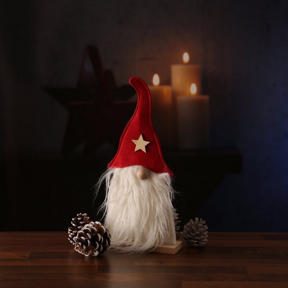 MARELIDA Weihnachtsfigur Wichtel Dekofigur stehend Weihnachtswichtel mit  Bart und Mütze (1 St), Weihnachtswichtel mit roter Zipfelmütze