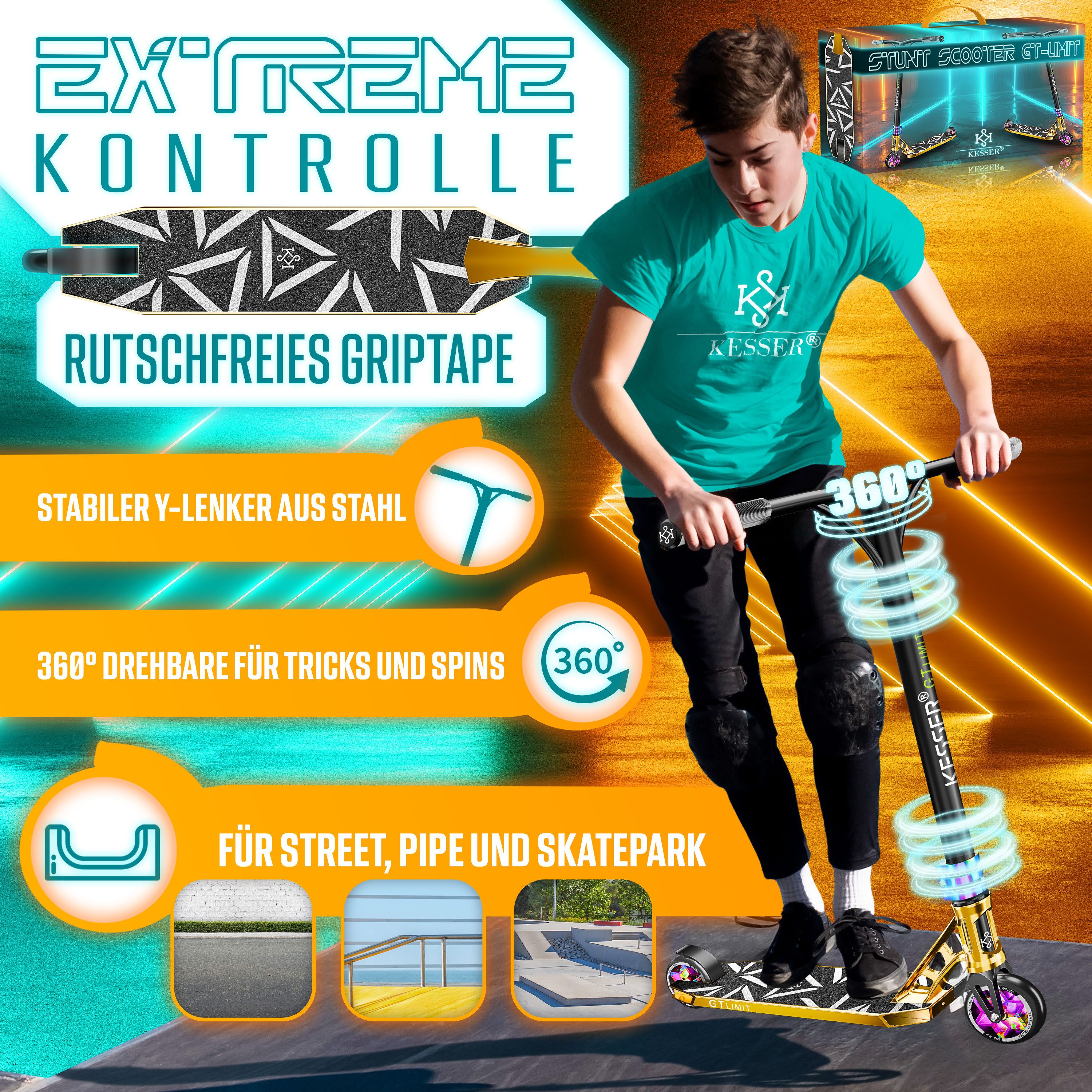 KESSER Scooter, Stuntscooter GT-Limit 360° Lenkung Funscooter Kickscooter Tretroller