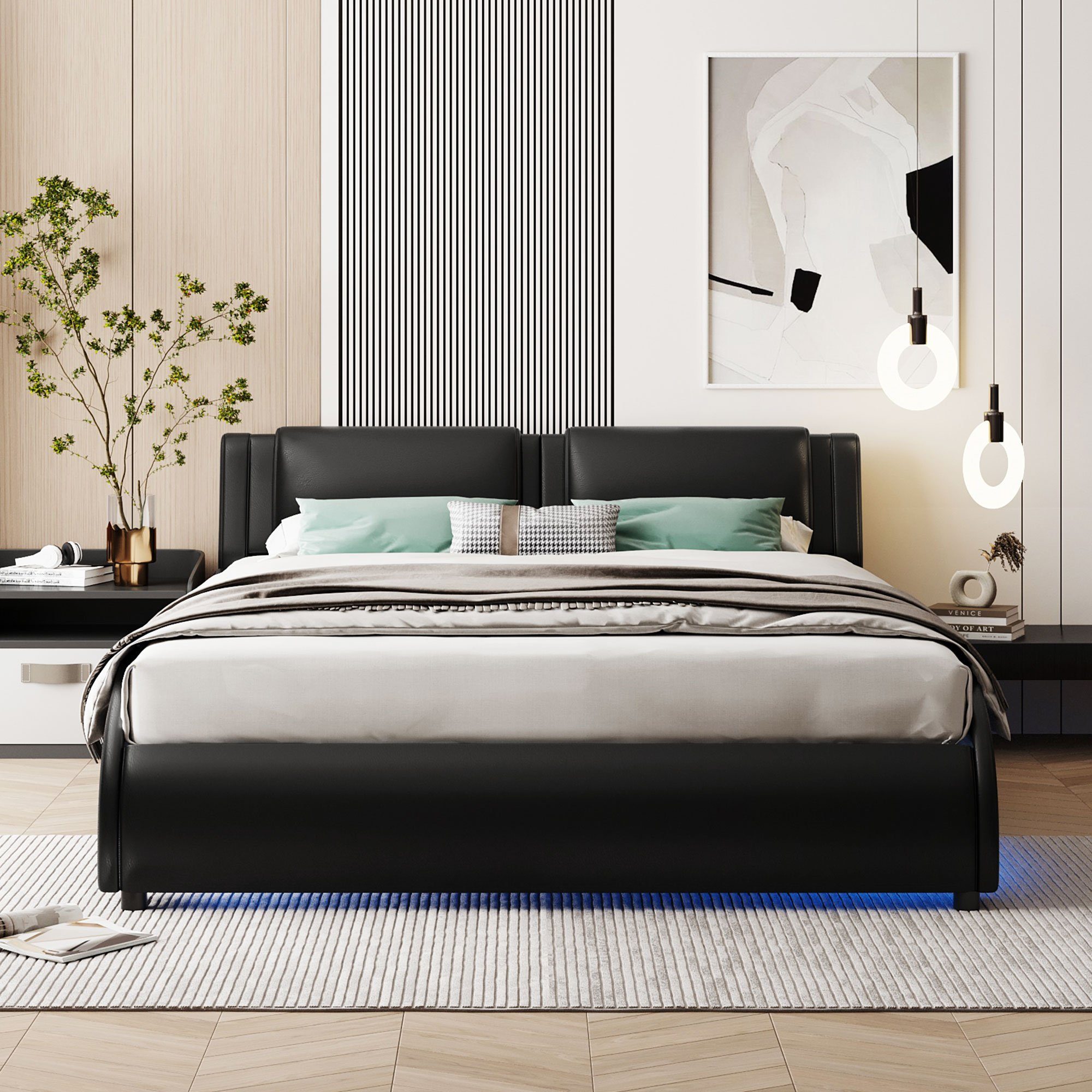 Flieks Schwarz LED mit Doppelbett Polsterbett, 140x200cm Beleuchtung Kunstleder Bogendesign