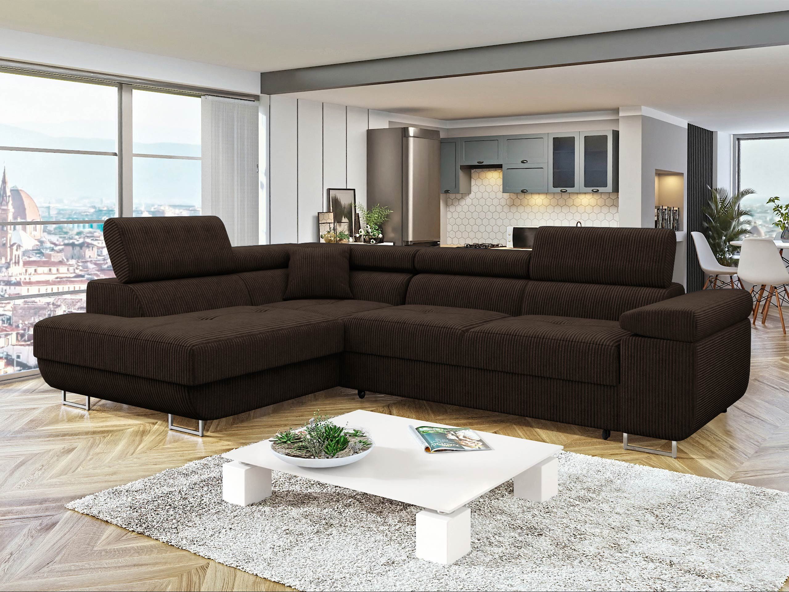 MIRJAN24 Ecksofa Torezio Cord, mit Bettkasten und Schlaffunktion, Einstellbare Kopfstützen, 274x203x70-90 cm