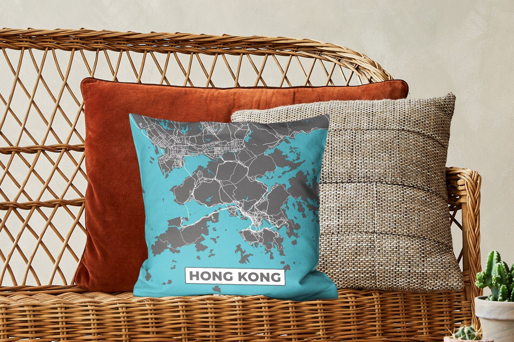 - MuchoWow für Stadtplan, Hongkong Zierkissen Karte - mit Schlafzimmer, Wohzimmer, Deko, - Dekokissen Füllung Blau Sofakissen