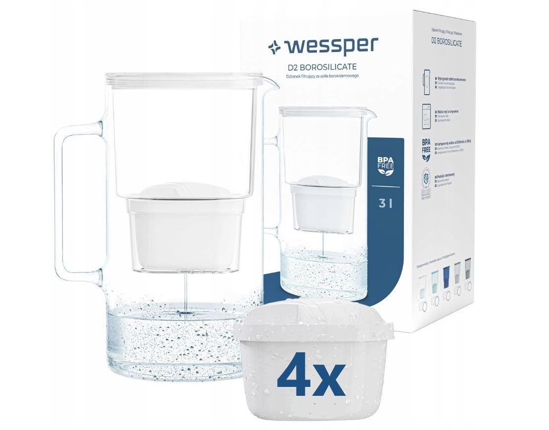 Wessper Kalk- und Wasserfilter aus Glas, D2 Borosilicate Glaskanne 3,0 L inkl. 4 AQUAMAX Kartuschen, Zubehör für : kompatibel mit Brita Maxtra, Maxtra +, Reduzier Kalk, Chlor sowie Schwermetalle, bis zu 200L pro Kartusche
