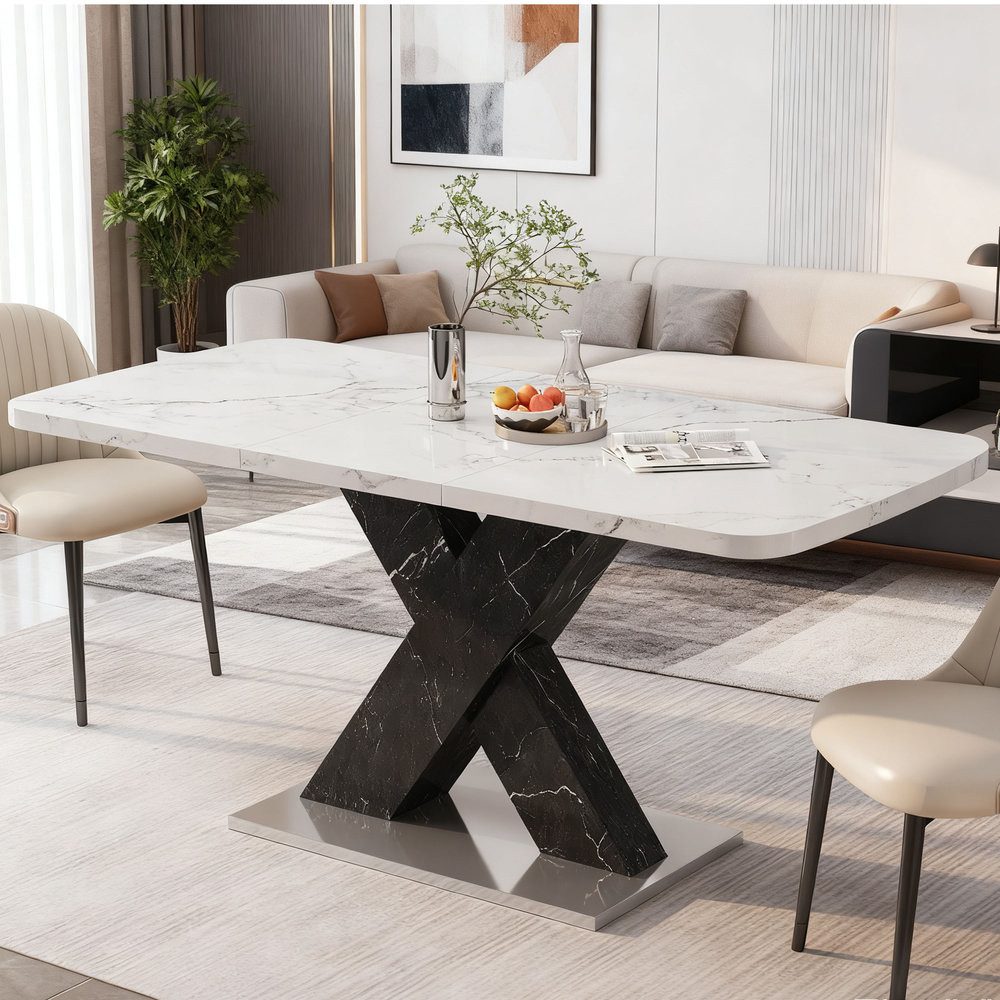 Odikalo Esstisch 120–160cm rechteckiger ausziehbarer Esstisch in X-Form mit Metallfüßen (Tischplatte mit weißem Marmor-Print + schwarze MDF-Tischbeine, ideal für 4-6 Personen,Breite 80cm*Höhe 76.5cm)