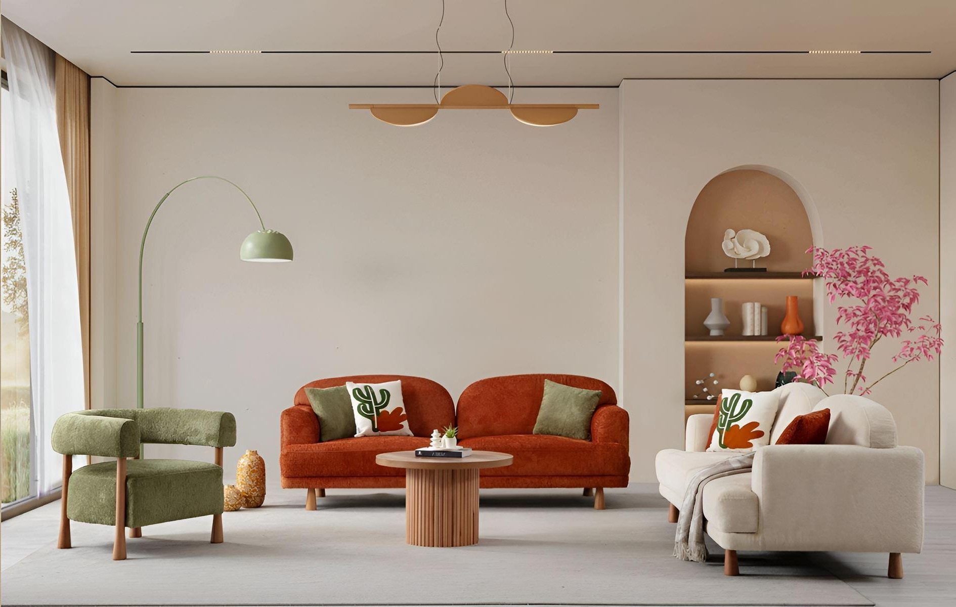 Xlmoebel 3-Sitzer Sofa-Set Designer Oranger mit grünem Lehnsessel, Polyesterpolsterung, 3 Teile, Made in Europa