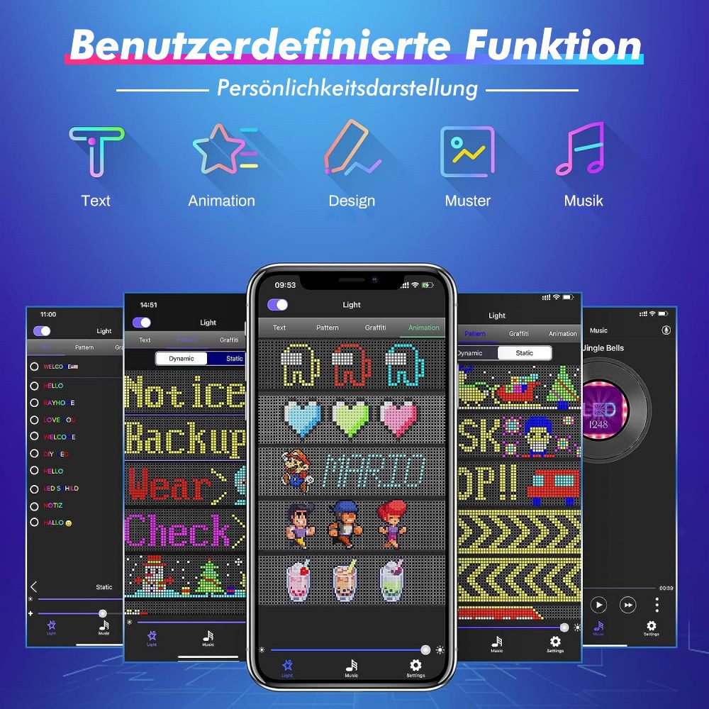 PRIISF LED Dekolicht LED Schild Display Werbung Leuchte Reklame Laufschrift Programmierbar, 7*17cm--140cmKabel, LED fest integriert, RGB Vollfarbe, Flexibler Digital Pixel Bildschirm Leuchtschrift Werbetafel APP Gaming