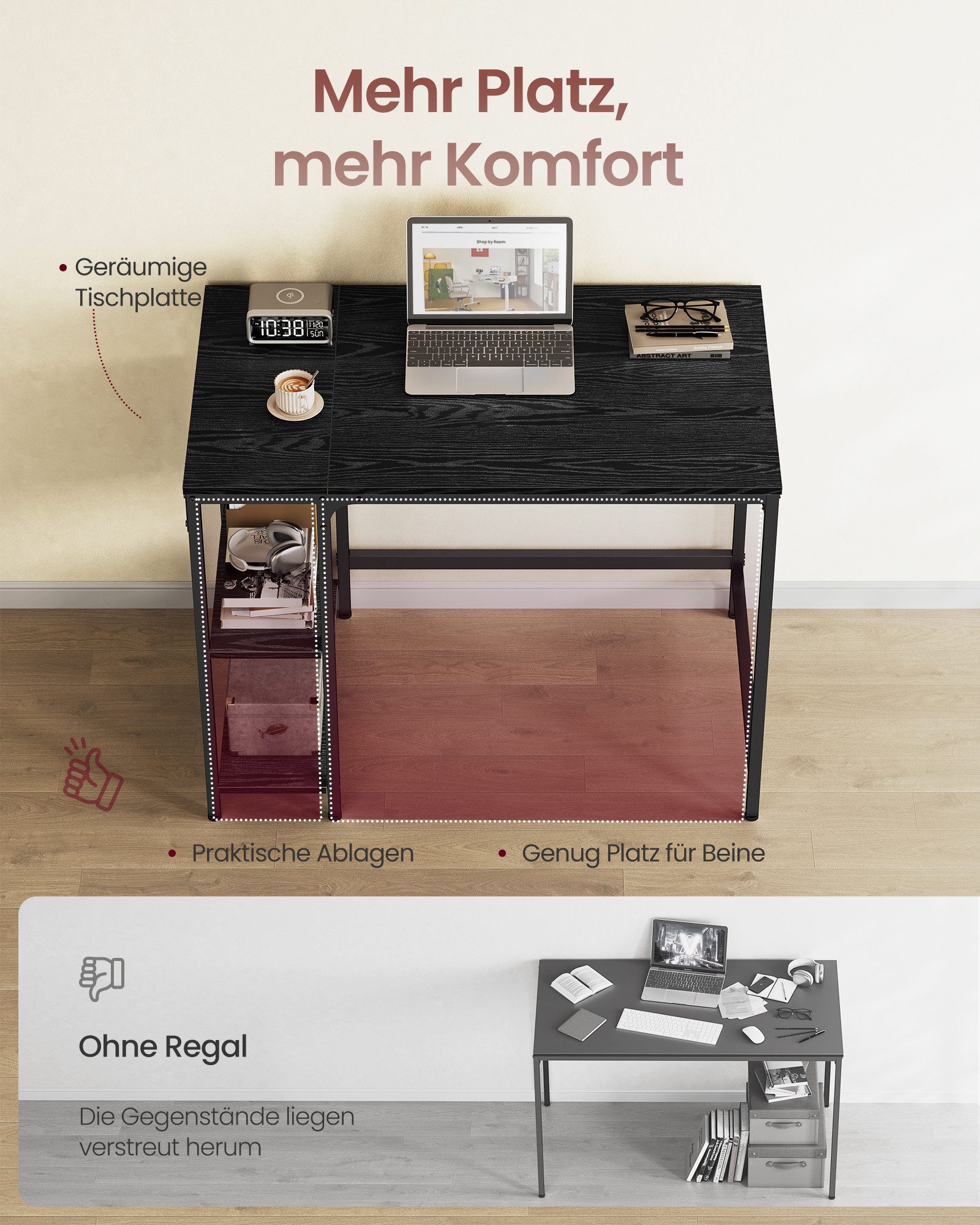 VASAGLE Schreibtisch Computertisch, Tisch, Bürotisch, 100/120/140cm, mit 2 Ablagen, moderner Stil