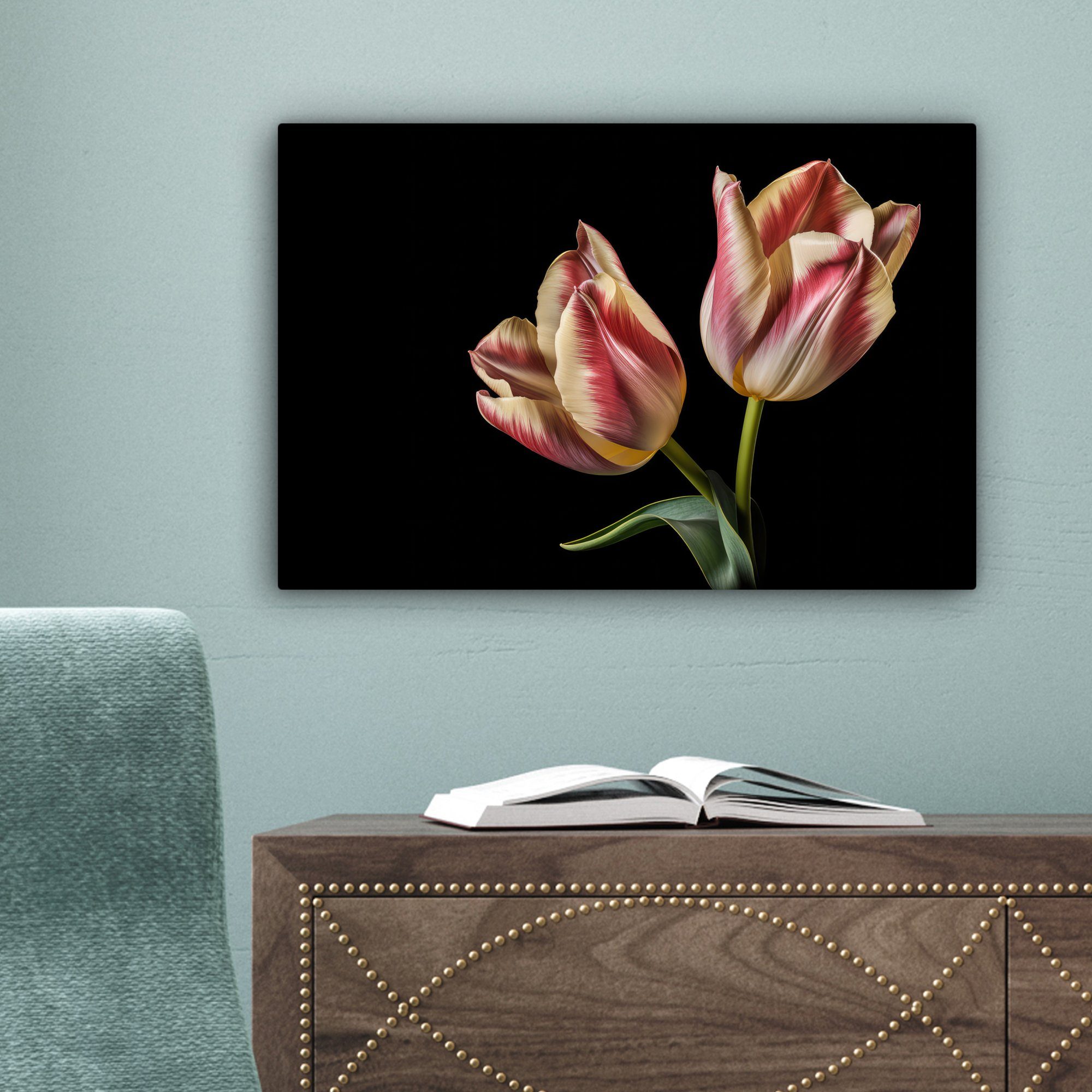 OneMillionCanvasses® Leinwandbild Wanddeko, Rosa - Tulpen 30x20 Aufhängefertig, Wandbild St), - Blumen Weiß cm Leinwandbilder, - - (1 Natur