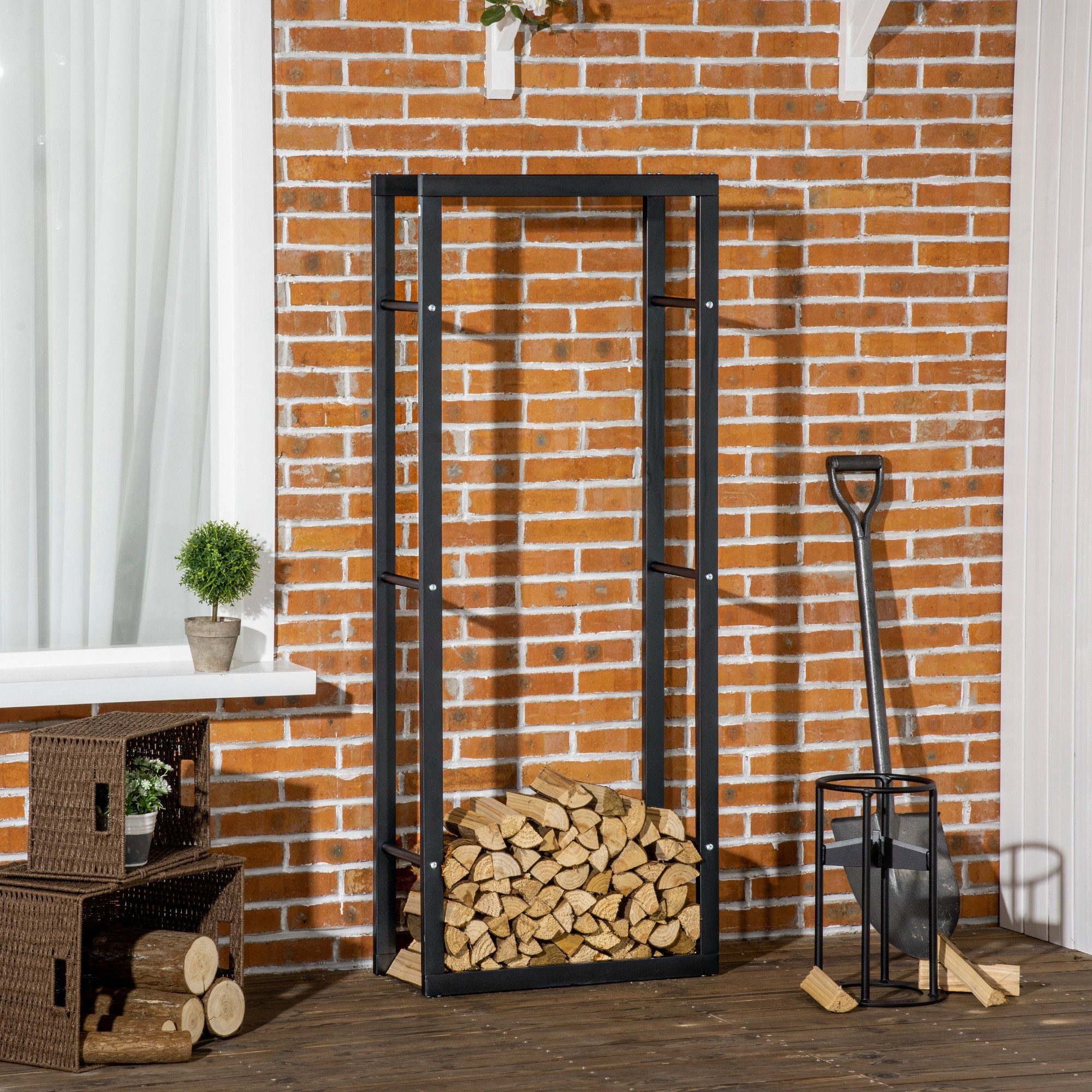 HOMCOM Kaminholzregal Brennholzregal Stapelhilfe Outdoor für Garten Terrasse Außen, BxTxH:60x25x150 cm, (Kaminholzhalter, 1-St., Kaminholzständer), Stahl, Schwarz