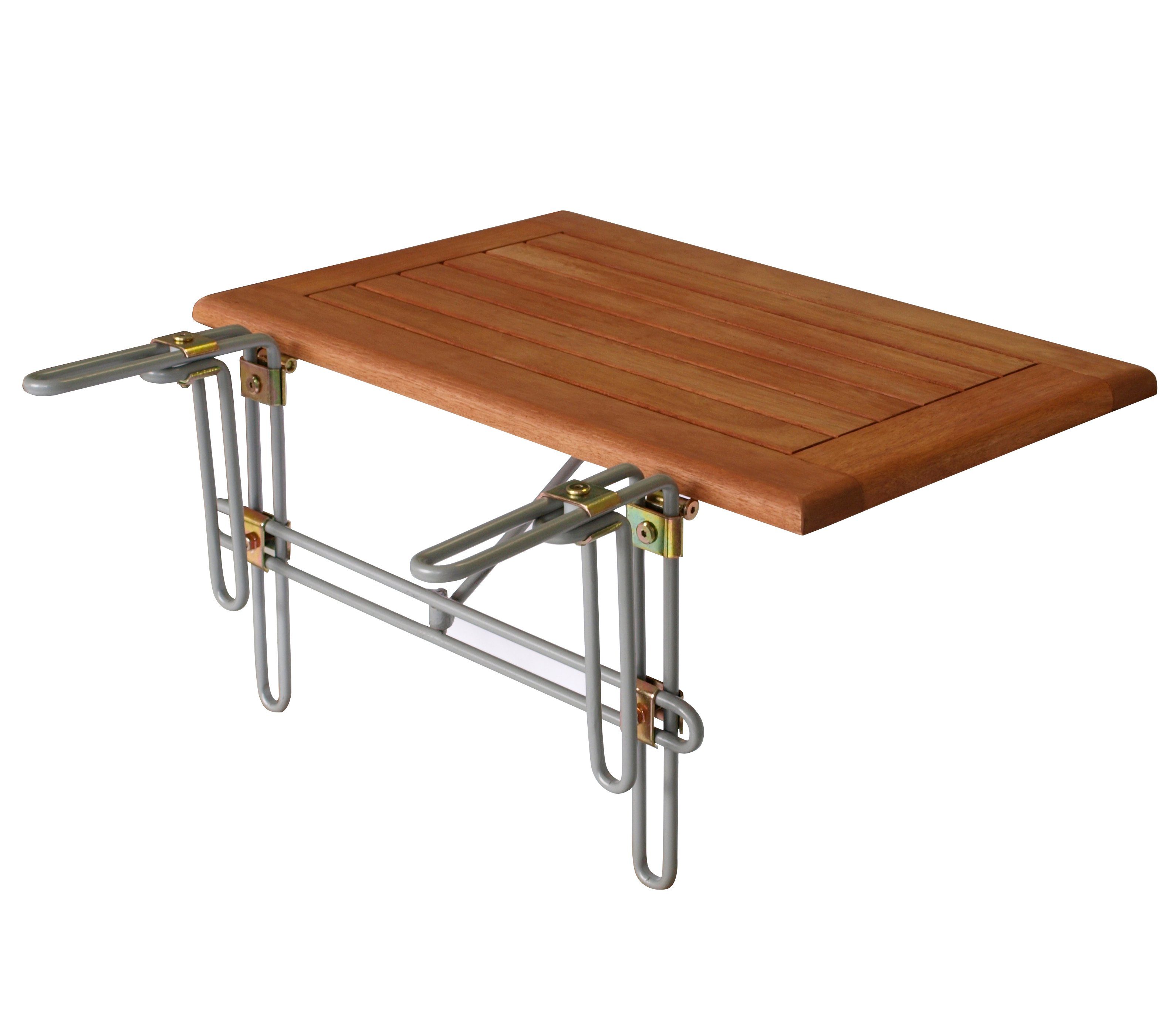 MERXX Gartentisch (1-St), Praktischer Balkonhängetisch zur Montage am  Geländer. Metallhalterung + wetterfestes Eukalyptusholz geölt. Klappbar bei  Nichtgebrauch und somit ein echtes Platzwunder