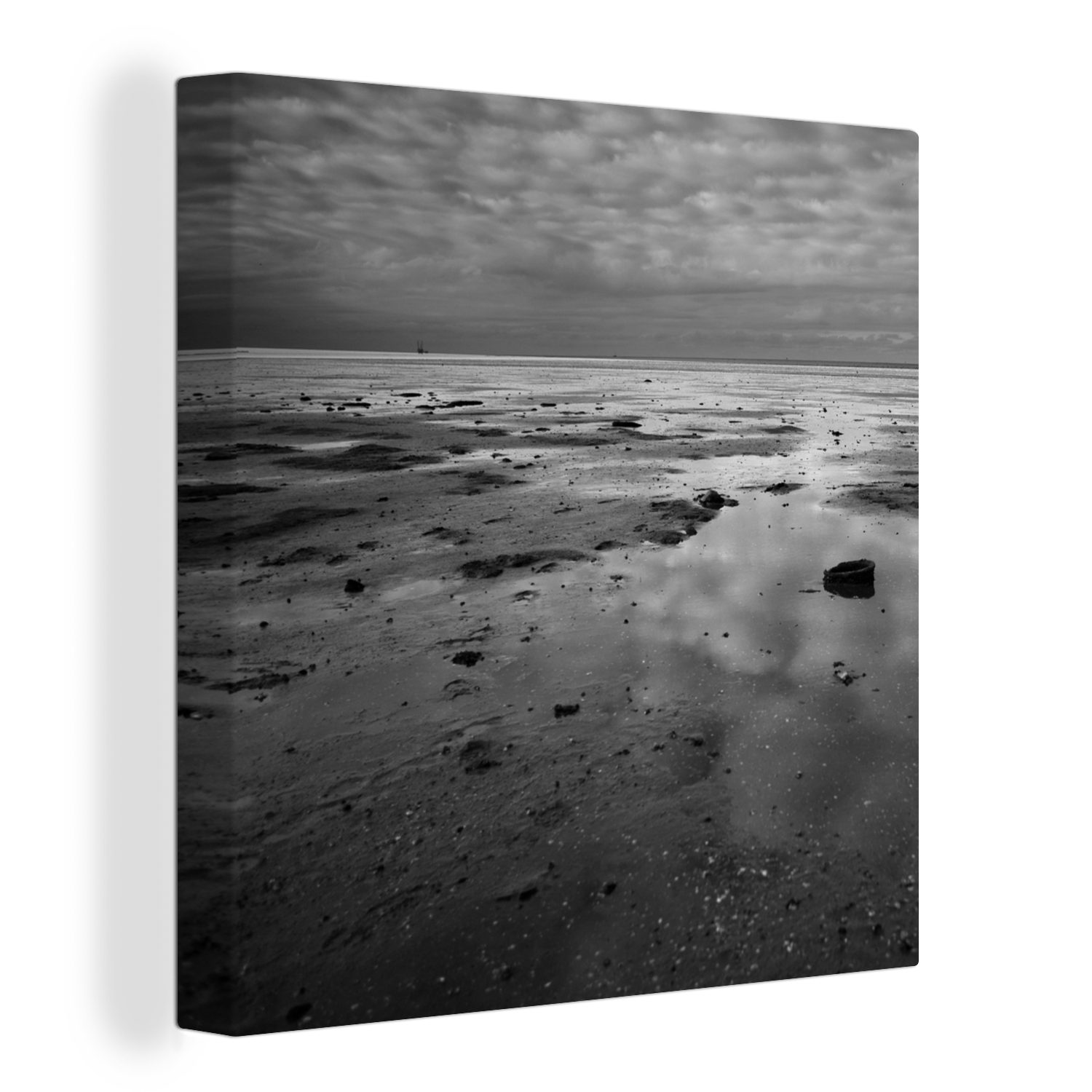 OneMillionCanvasses® Leinwandbild Wattenmeer - Schwarz - Weiß - Seen, (1 St), Leinwand Bilder für Wohnzimmer Schlafzimmer