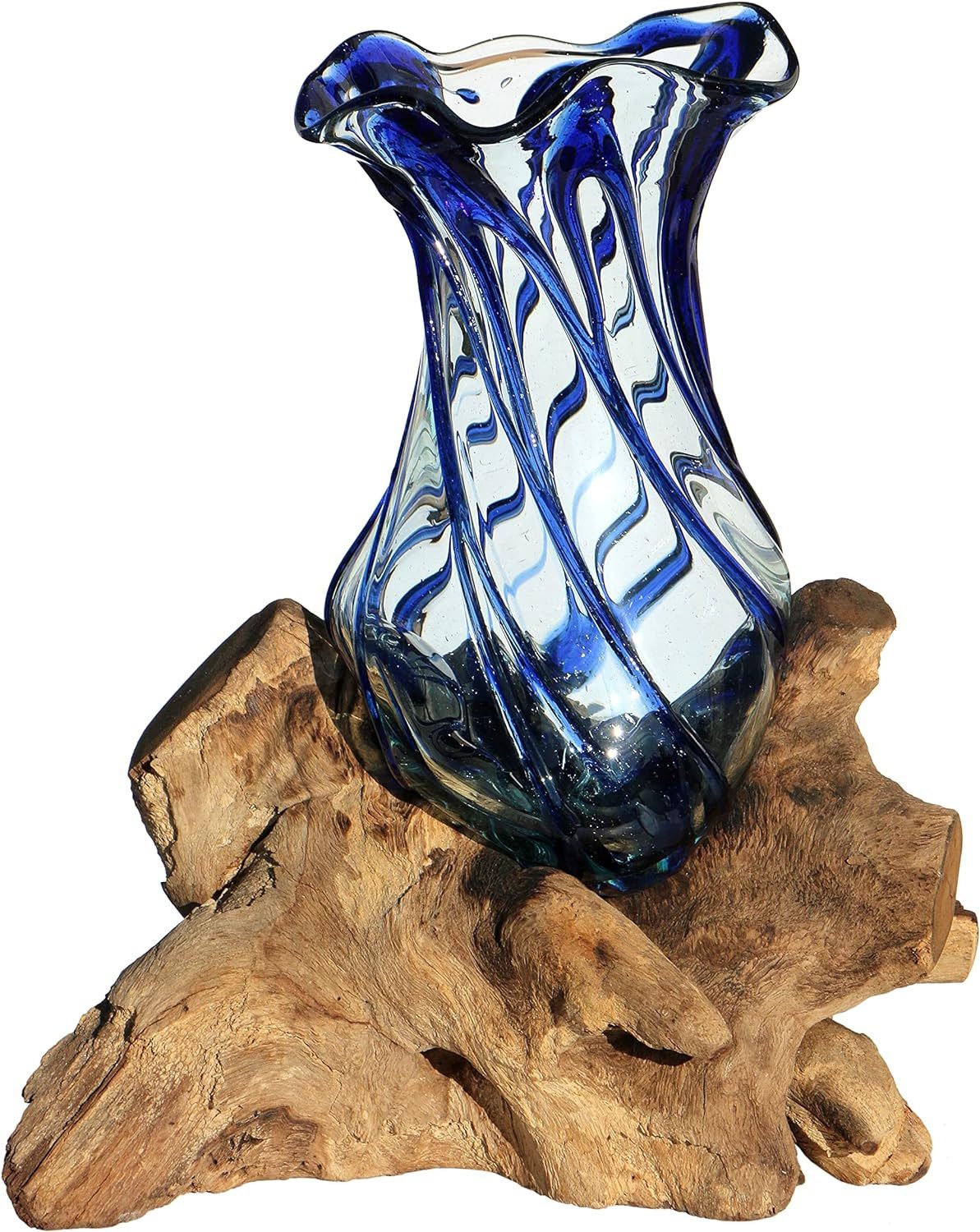 Dekovase Dekovase Glas-Vase "Venezia" auf Wurzel-Holz Teakholz Gamal