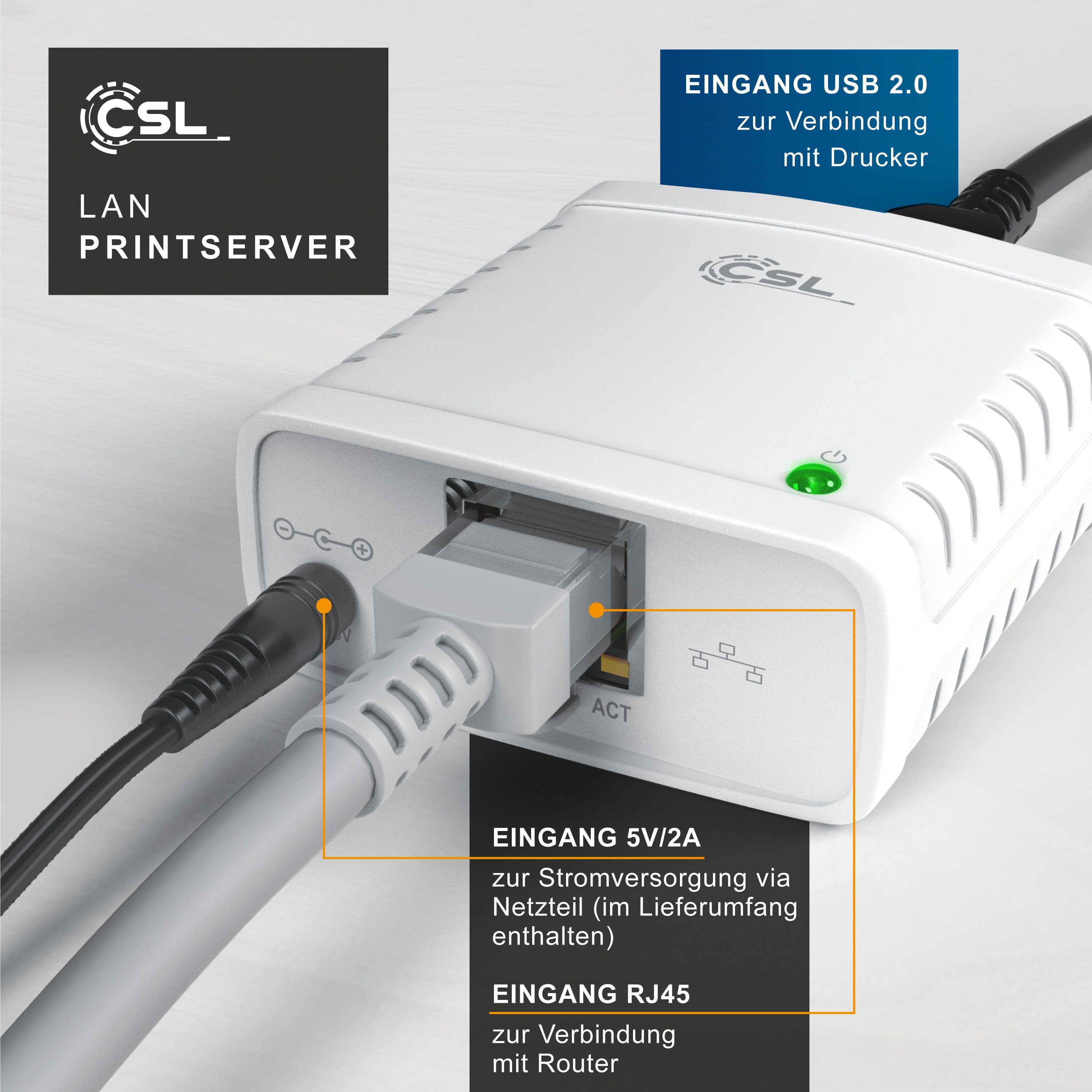 CSL USB-Adapter, LAN Printserver Druckerserver - Fast Ethernet - USB2.0  High Speed - LRP Print Server für Windows – Netzwerk USB zu RJ45 - DHCP  fähig, TCP/IP – inkl. Netzteil und Ethernetkabel –
