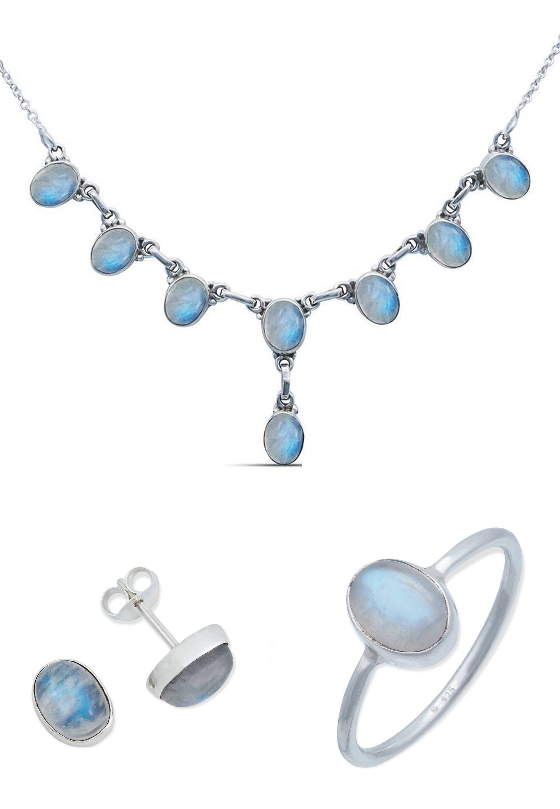 mantraroma Schmuckset 925er Silber mit Regenbogen Mondstein (Schmuckset aus 925 Silber)