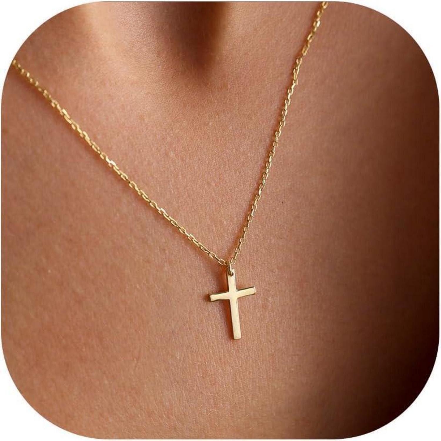 LuxusKollektion Kreuzkette Kreuz Kette Goldkette Damen 14K Gold Vergoldet Layered Halskette