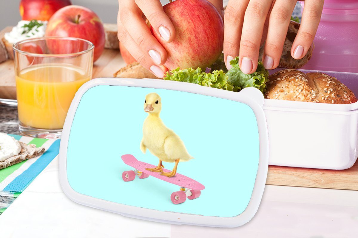 Kunststoff, Jungs Blau Lunchbox und - Erwachsene, Skateboard (2-tlg), weiß Küken MuchoWow Brotbox Kinder Brotdose, - und - Ente - Rosa, Mädchen für für