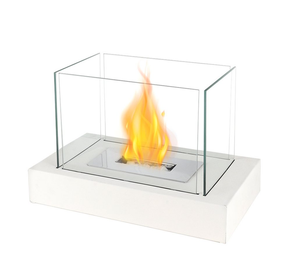 JHY DESIGN Feuerschale 35cm Breite Windlicht Tischkamin Feuerschale aus Metall und Glas, (1-St), für Innen und Außenbereich, Weiß