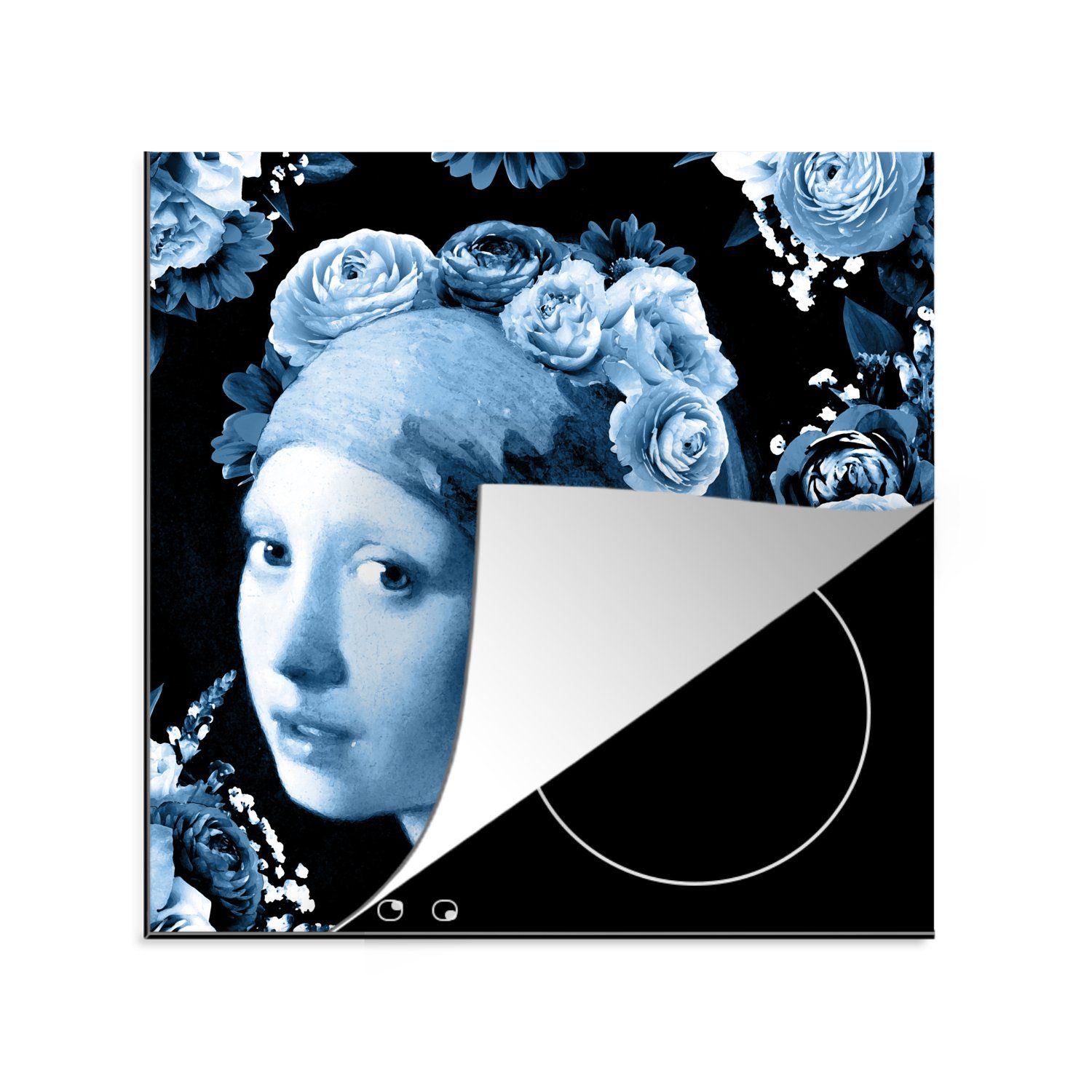 MuchoWow Herdblende-/Abdeckplatte Mädchen mit einem Perlenohrring - Rosen - Blau, Vinyl, (1 tlg), 78x78 cm, Ceranfeldabdeckung, Arbeitsplatte für küche