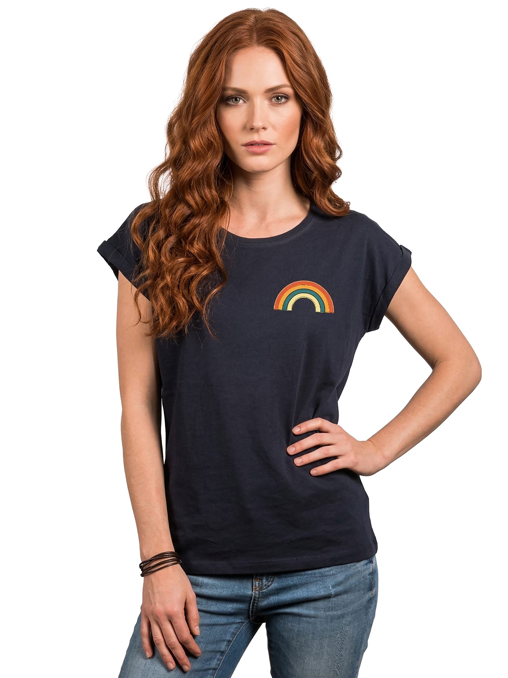 MAKAYA T-Shirt mit Regenbogen Damen Top Rainbow Sommer Tunika Stylisch Elegant (Schwarz, Blau, Grau, Grün, Rosa, Weiß, 36, 38, 40, 42, 44, 46, 48, 50) Baumwolle