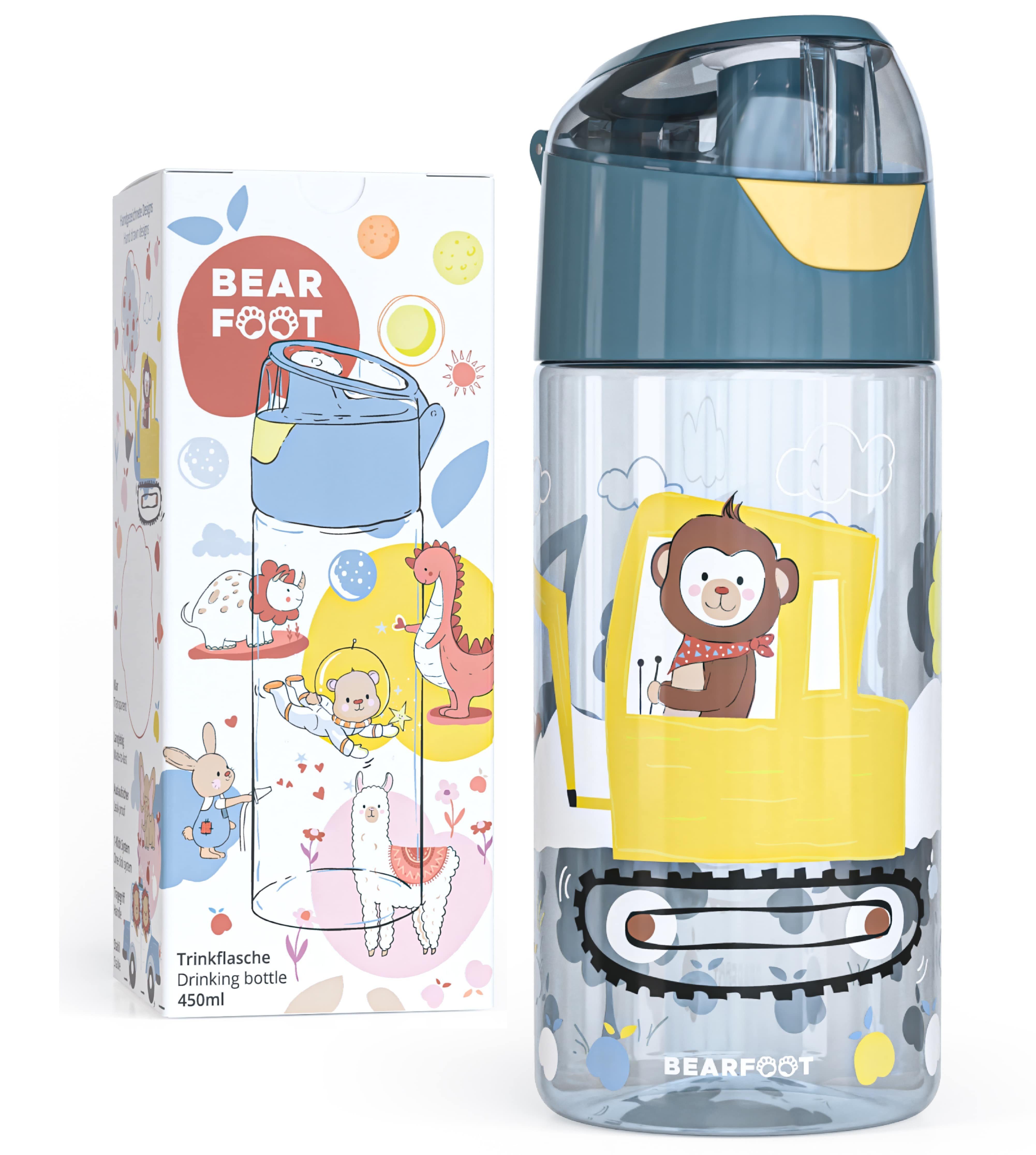 BEARFOOT Trinkflasche Trinkflasche Kinder, leichte Wasserflasche - Bagger & Affe
